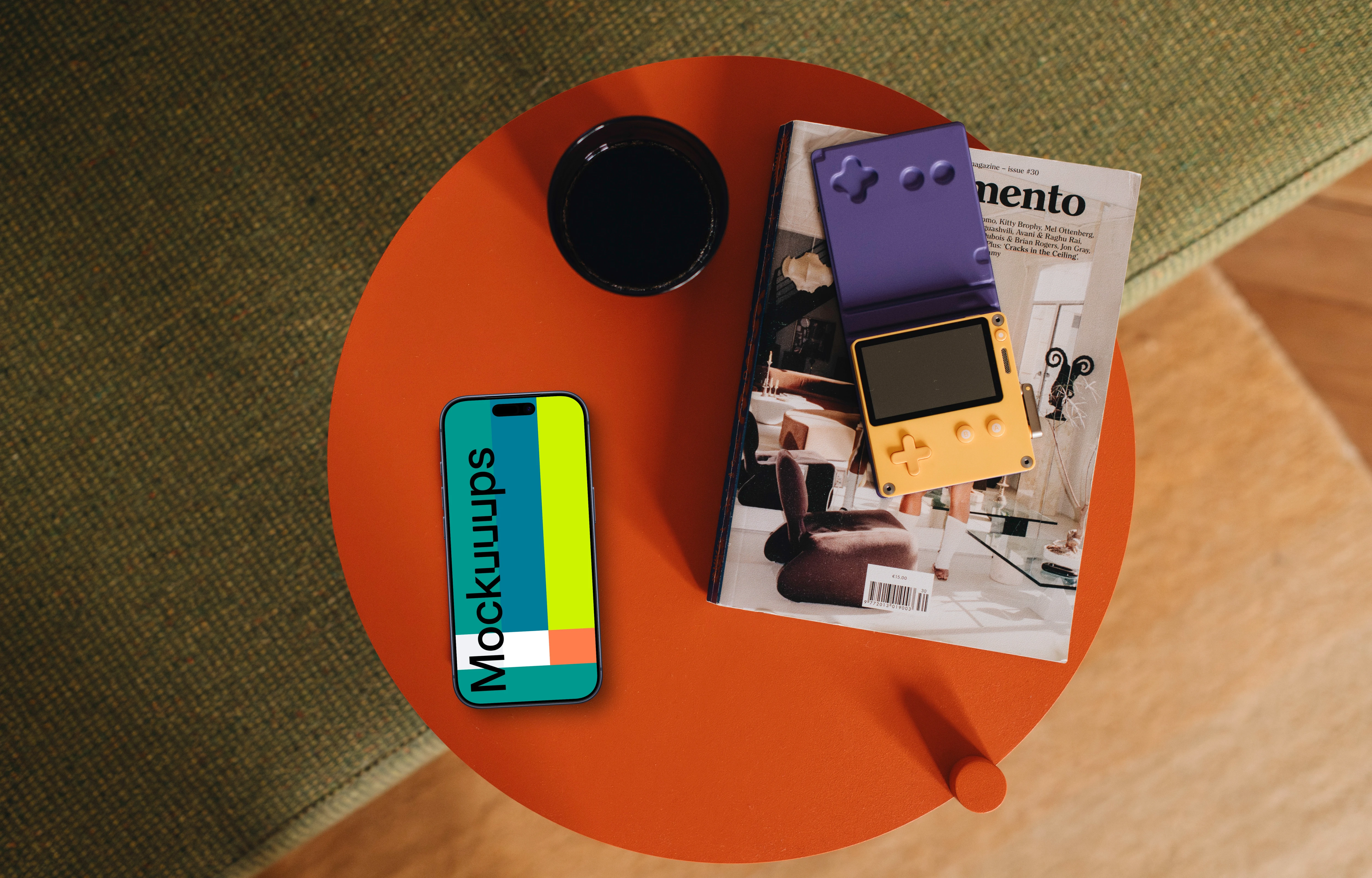 Smartphone mockup with gadgets on modern table