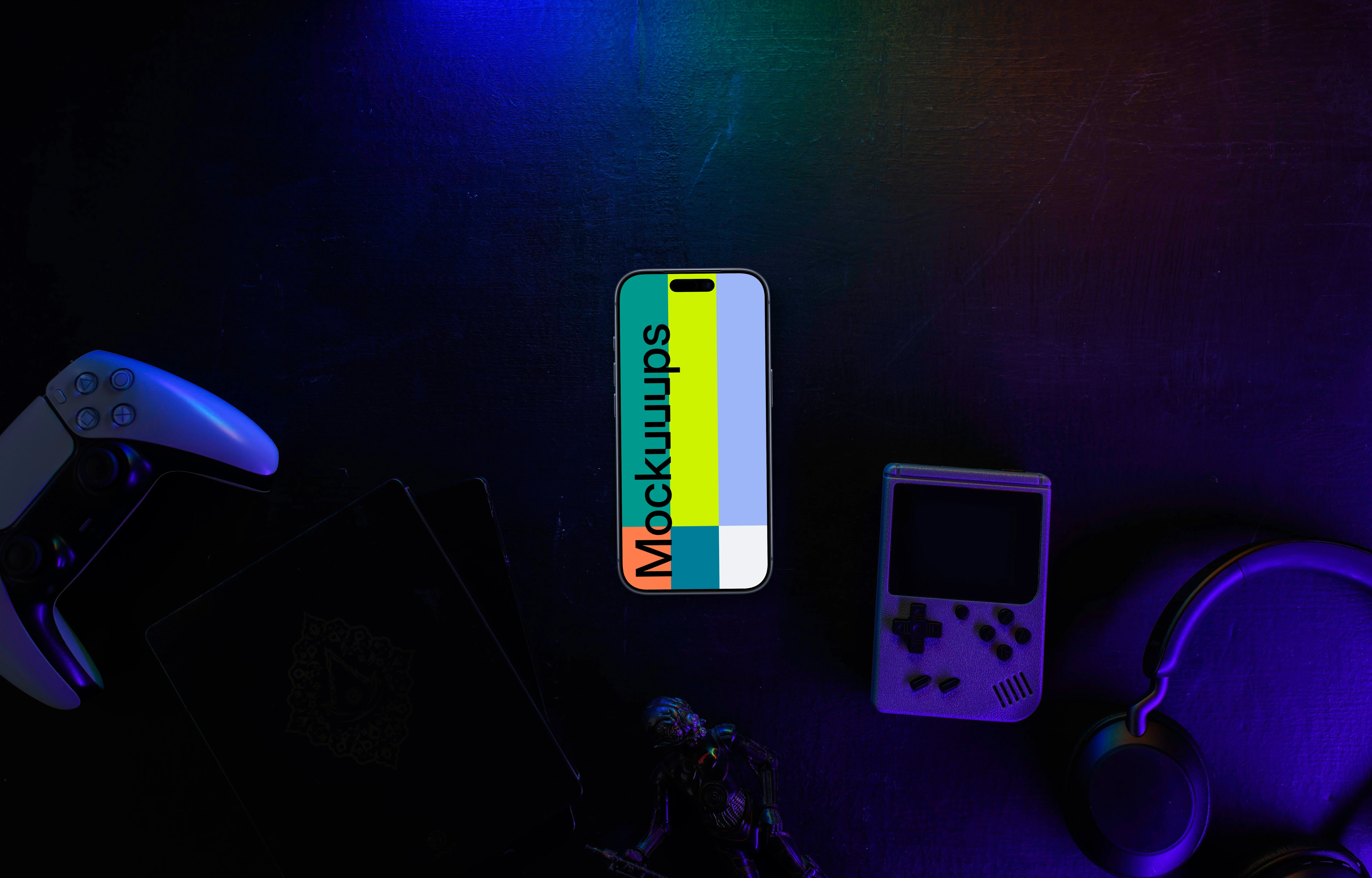 Smartphone mockup with gaming gadgets on dark background