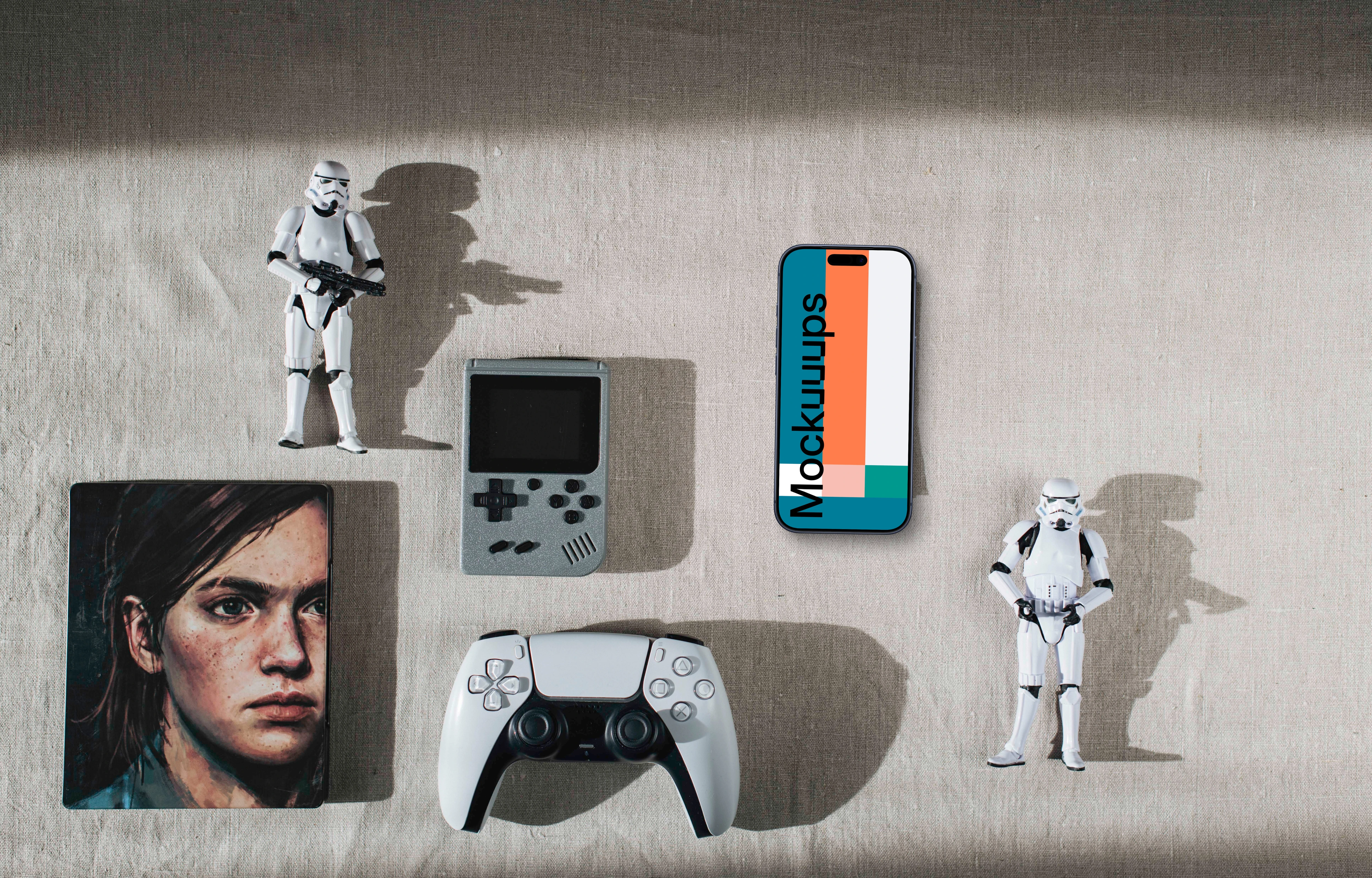 Smartphone mockup with gaming theme and collectibles