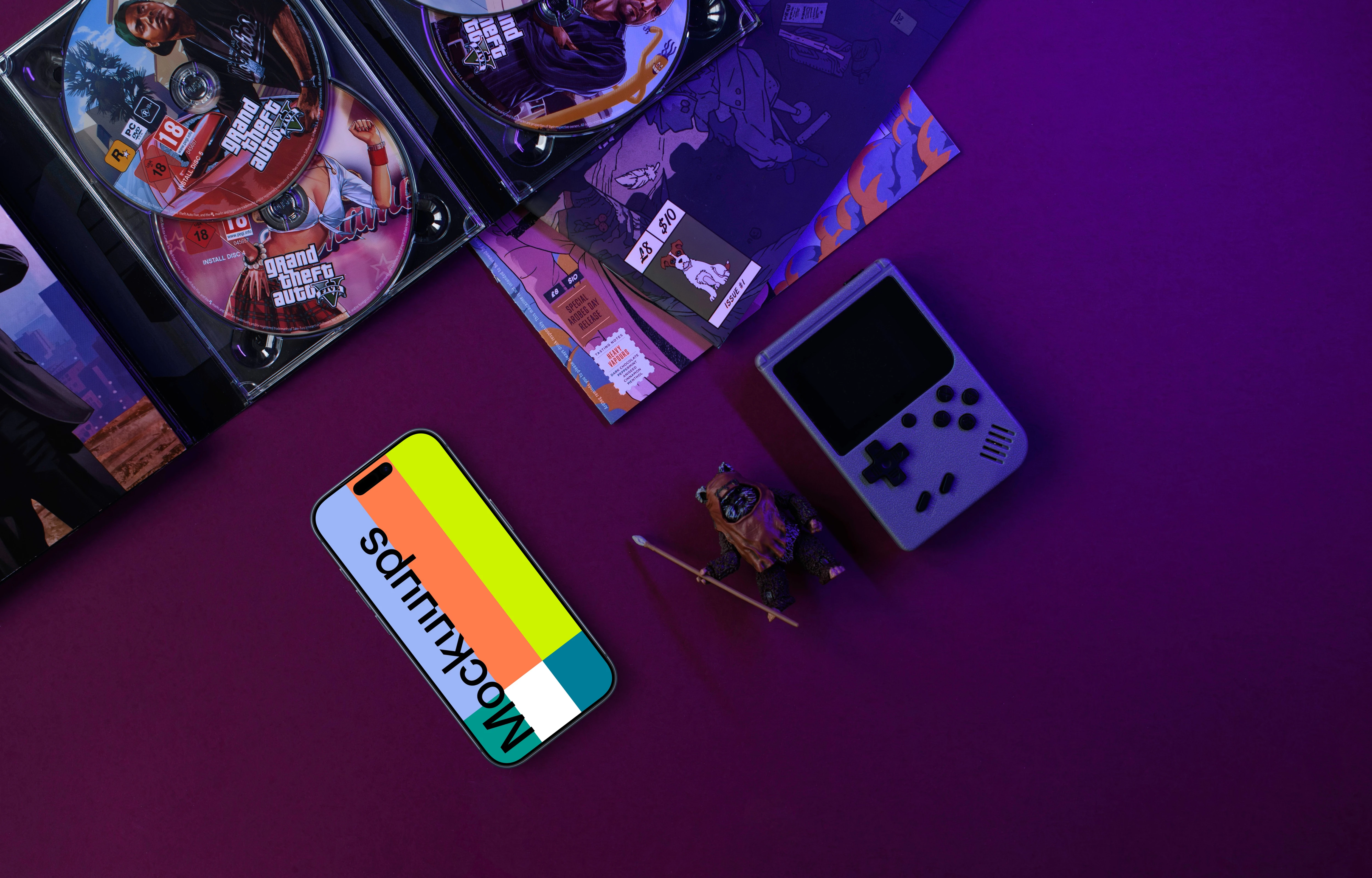 Smartphone mockup with retro gaming theme