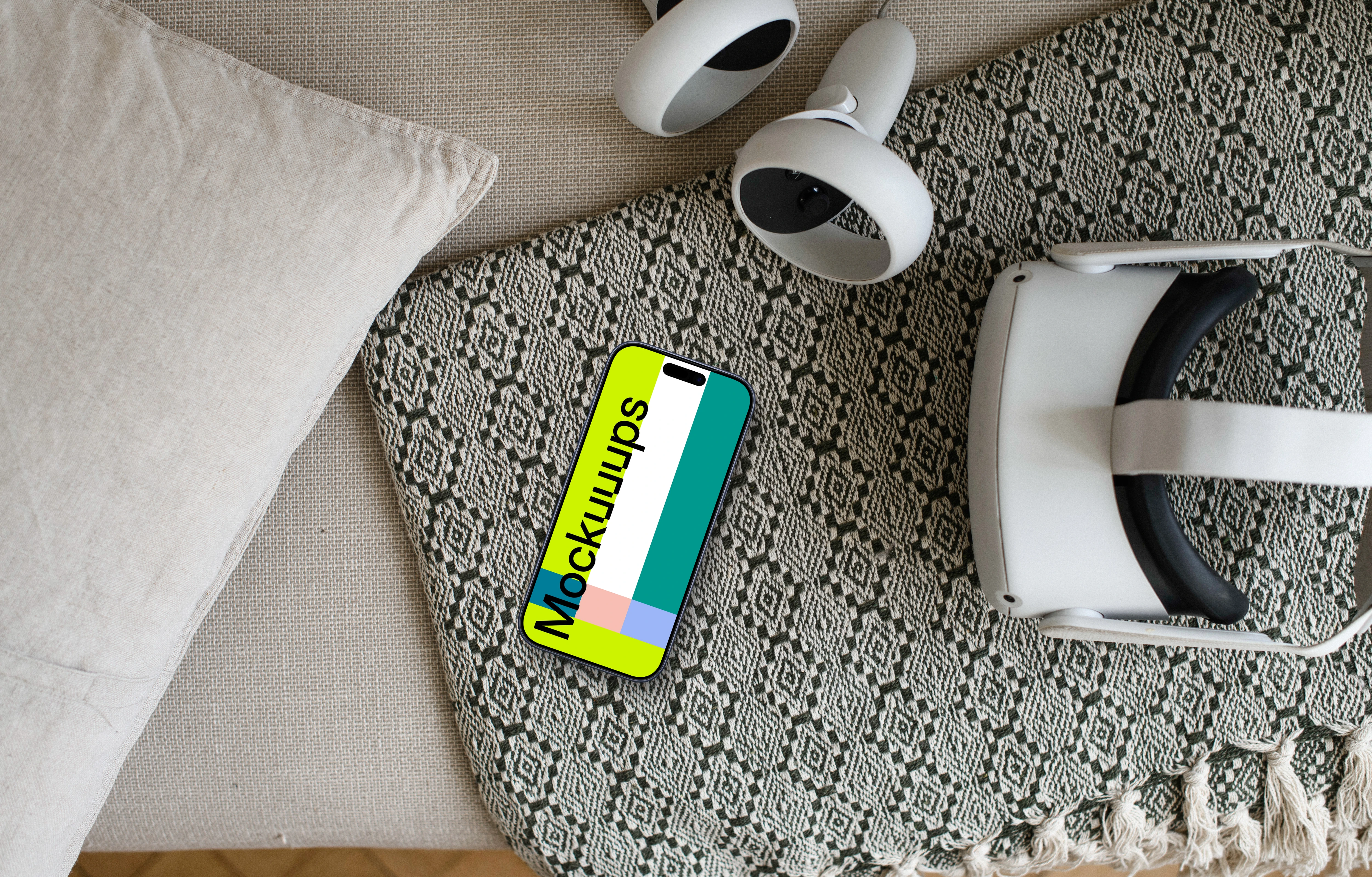 Smartphone mockup with VR headset on patterned fabric