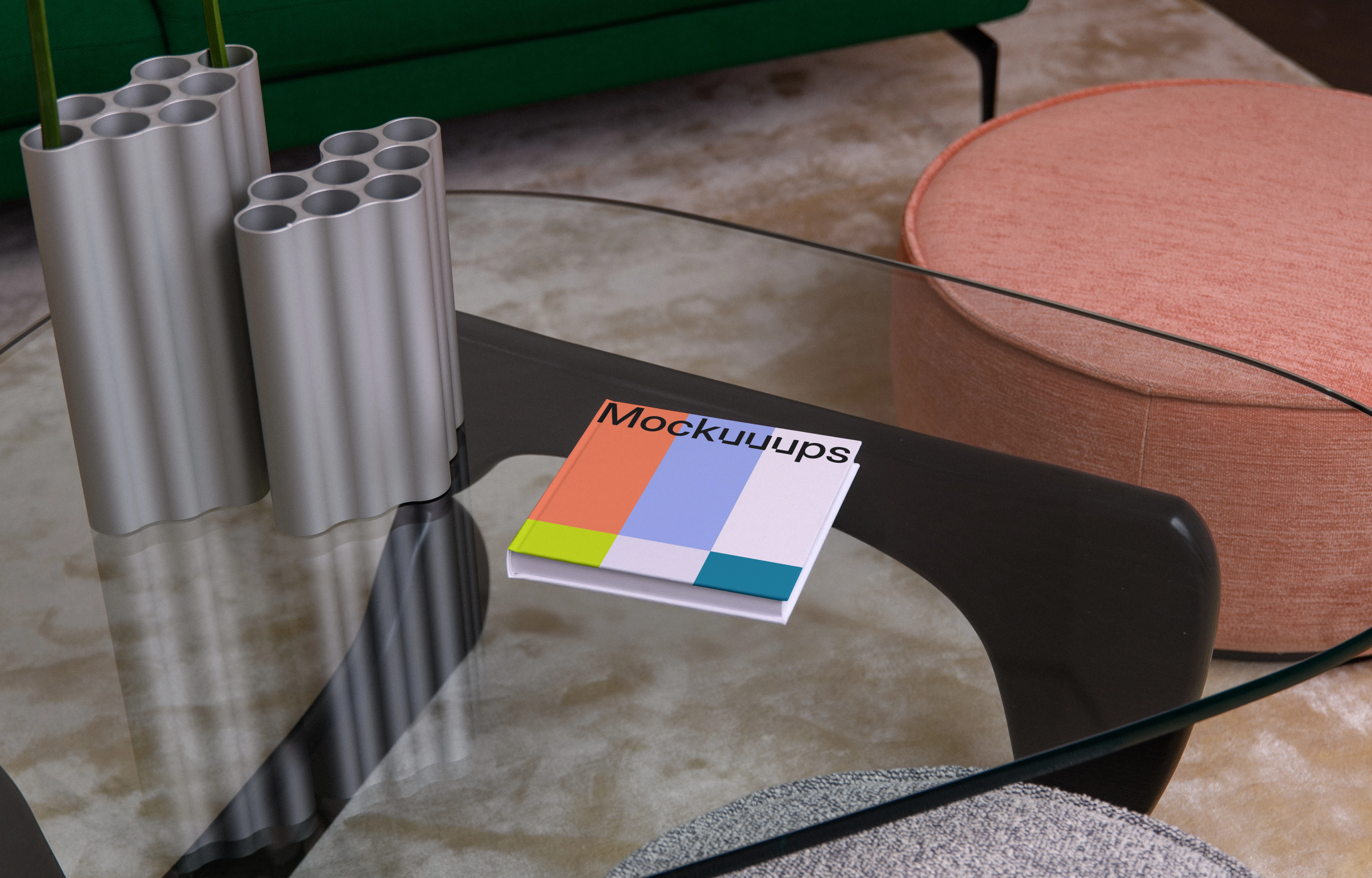 Square book mockup on a glass coffee table