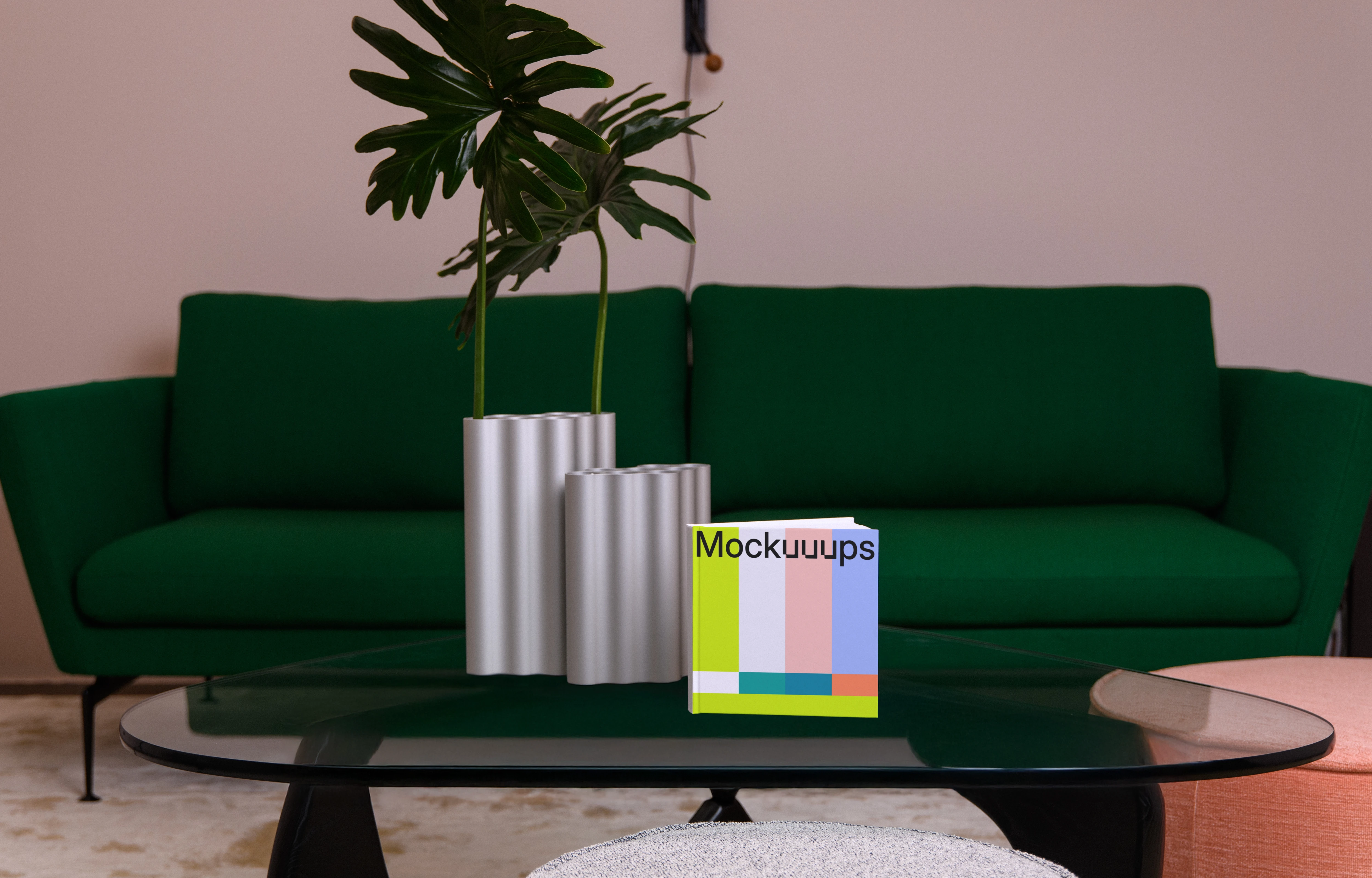 Square book mockup on a modern coffee table