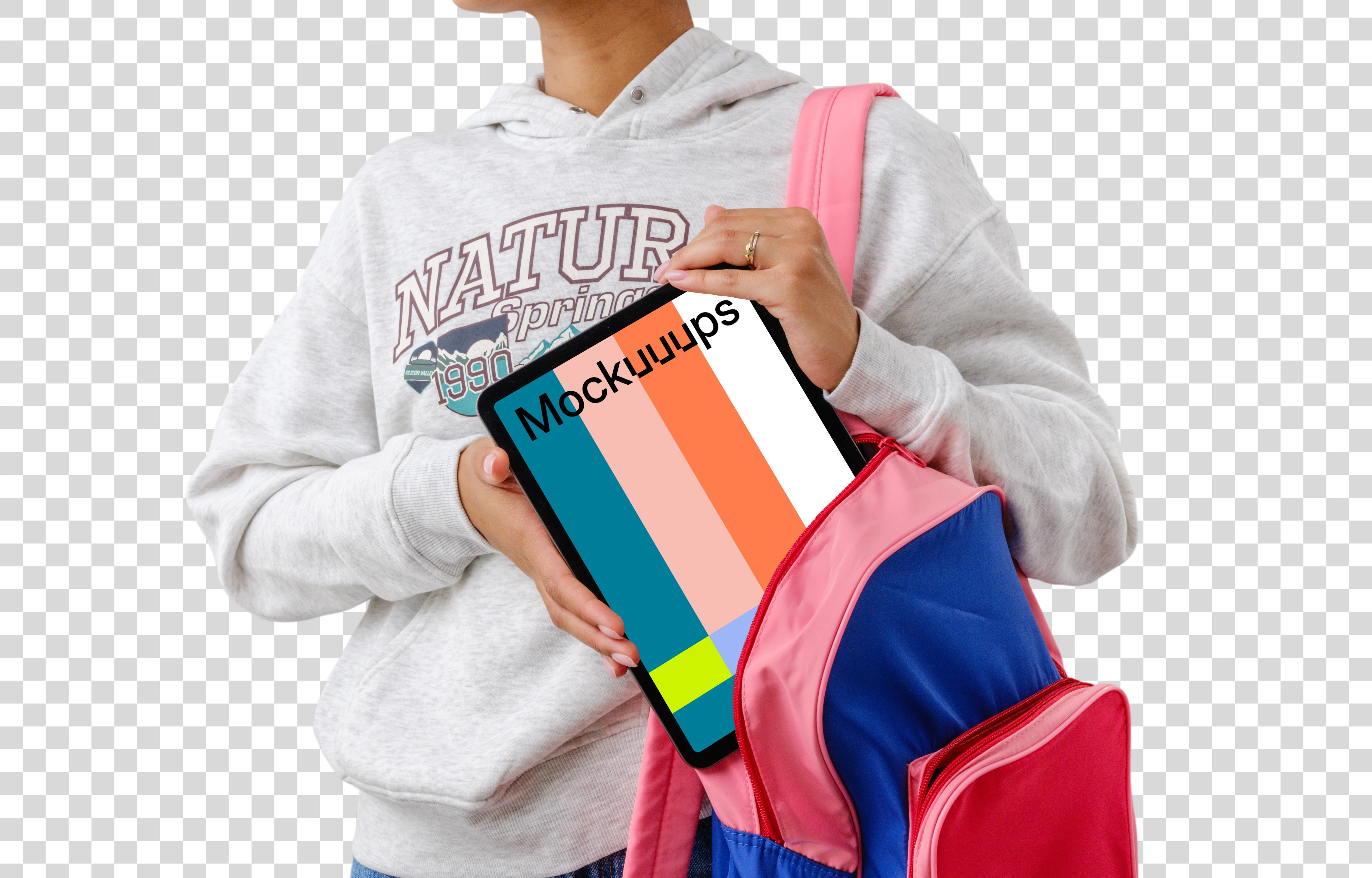 Student with an iPad mockup in her backpack