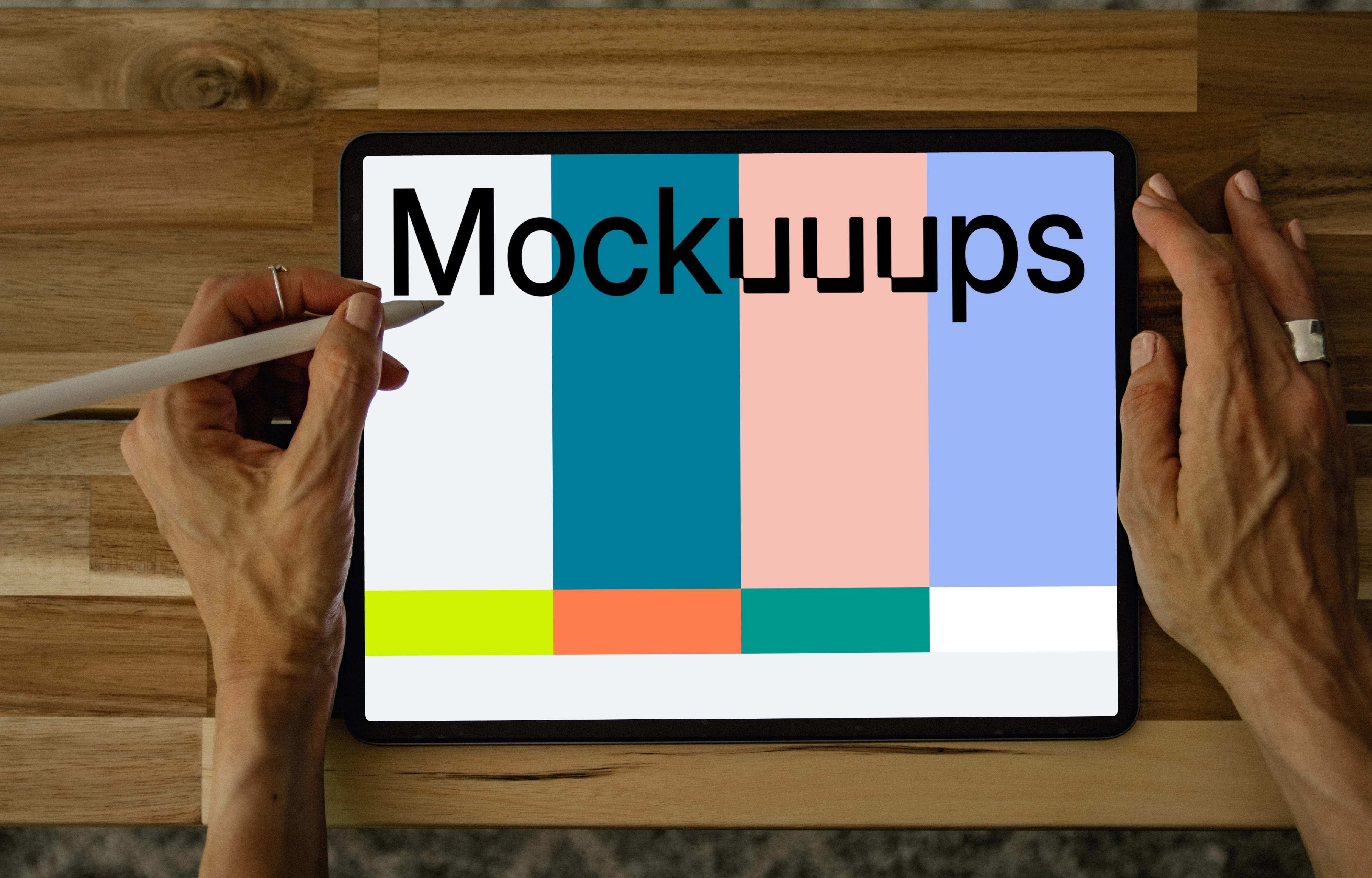 Tablet mockup in use on a neat wooden table