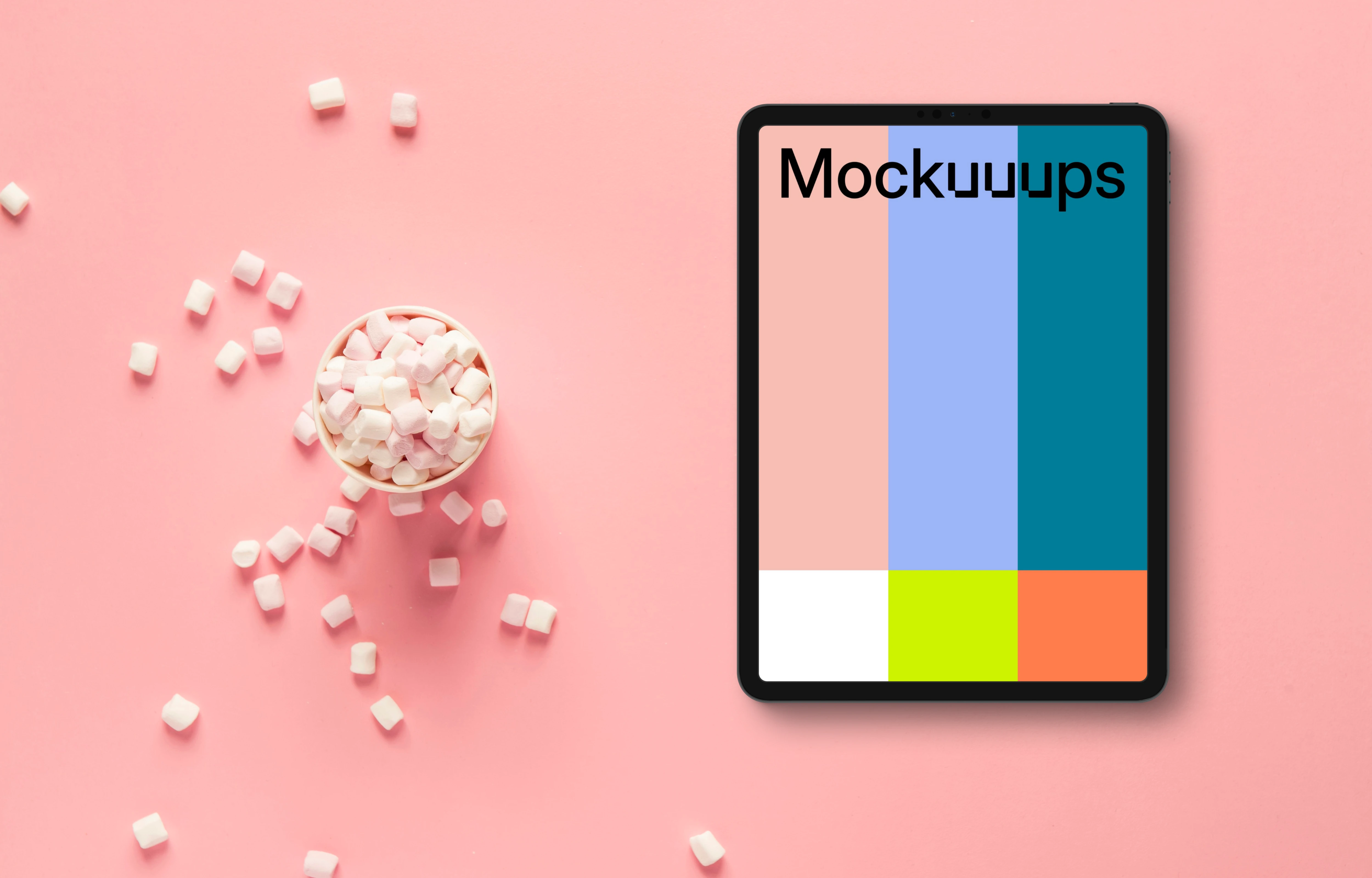 Tablet mockup on pink background with marshmallows