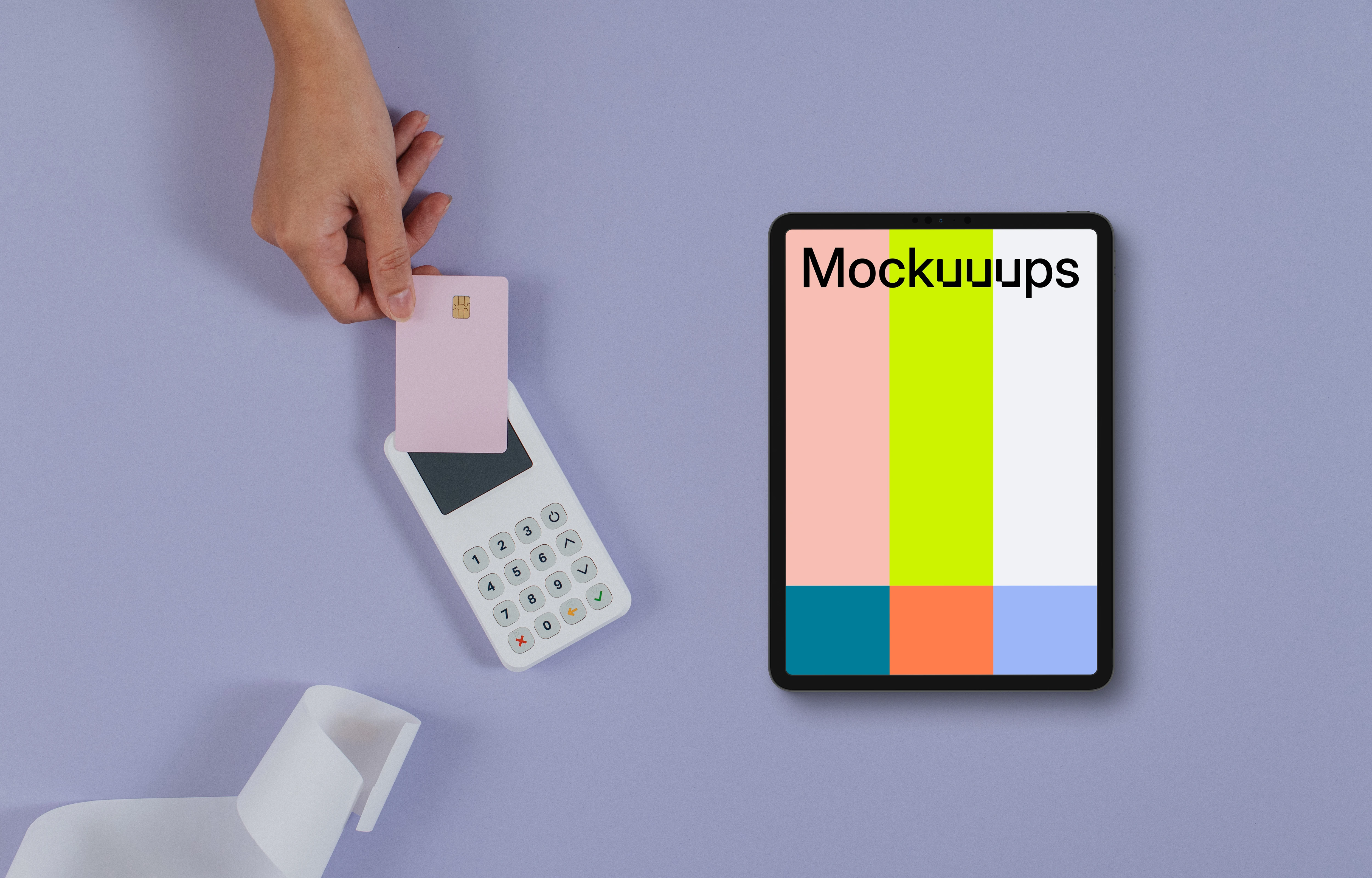 Tablet mockup on purple background with payment terminal and credit card