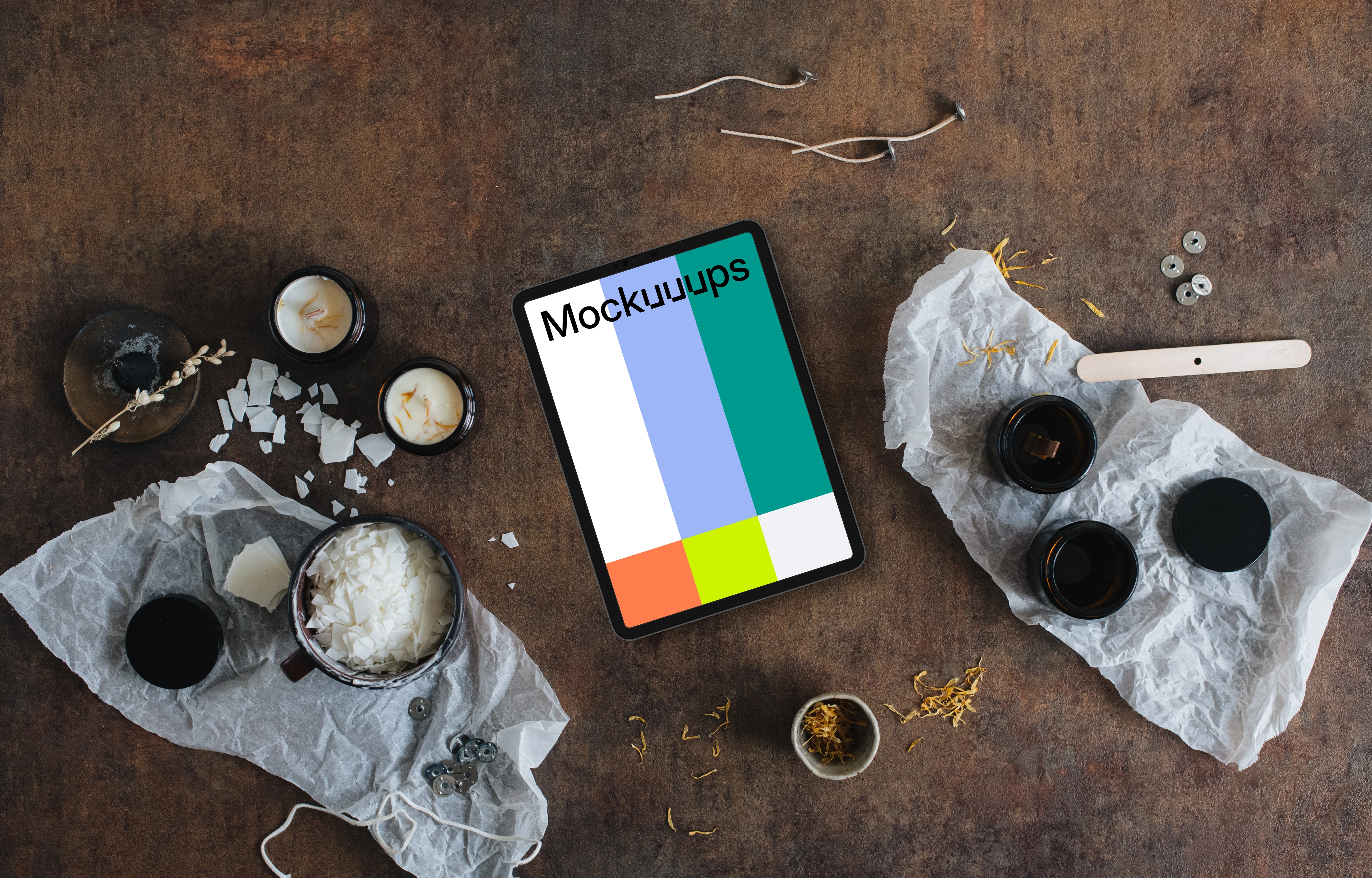 Tablet mockup on the table with christmas decoration