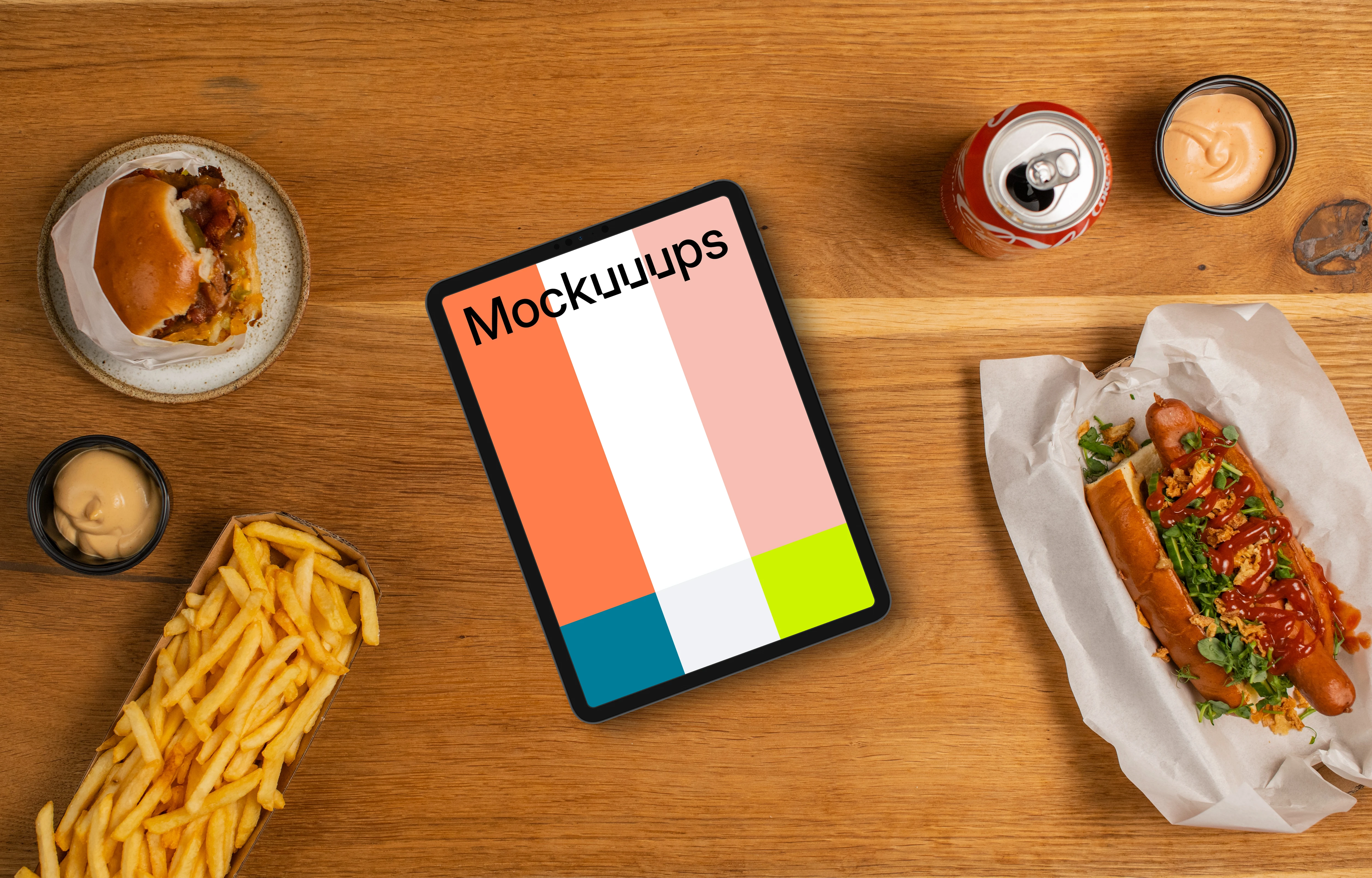 Tablet mockup surrounded by fast food
