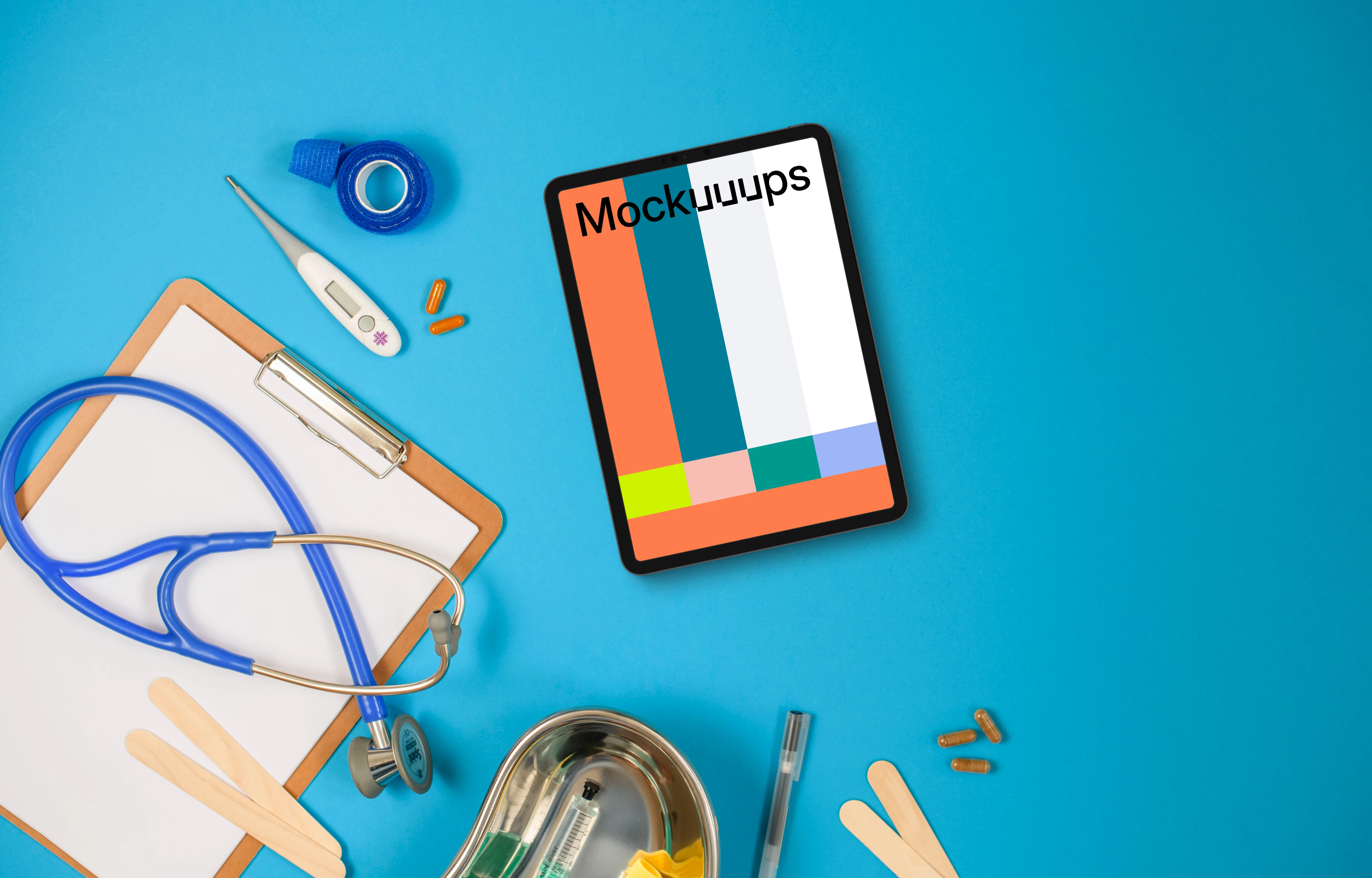 Tablet mockup with medical essentials