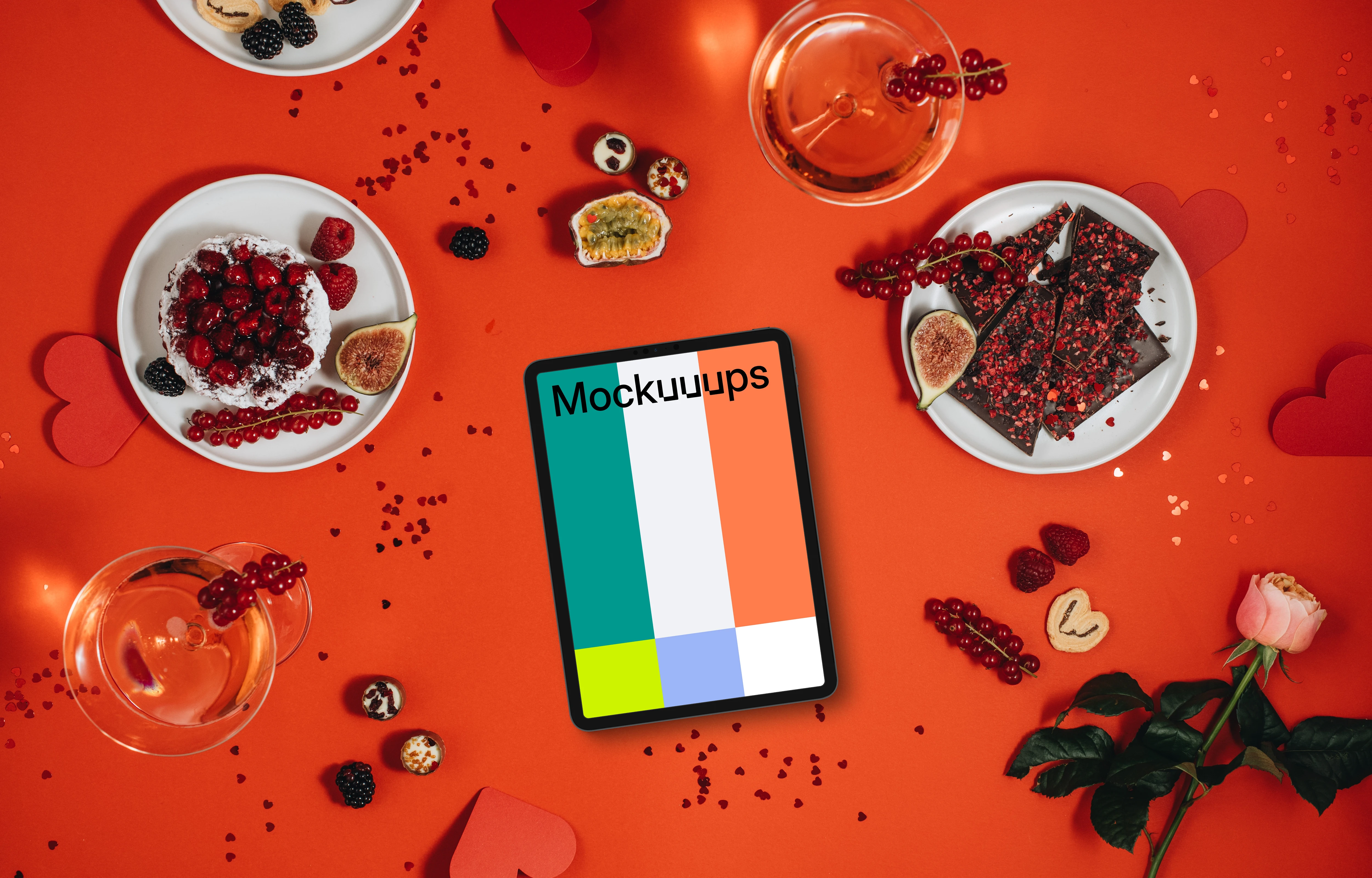 Tablet mockup with Valentine's backdrop