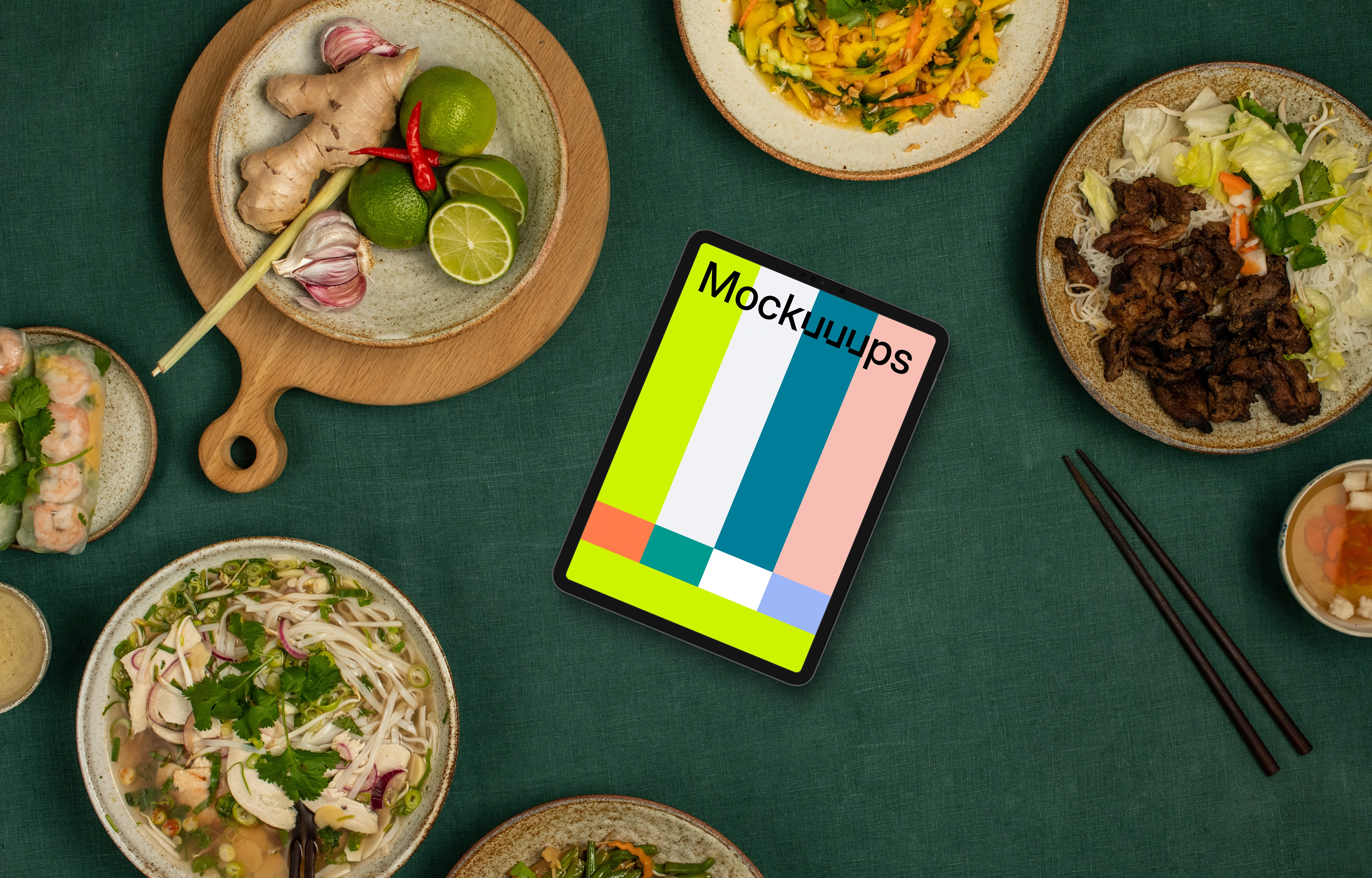 Tablet mockup with vietnamese cuisine meals