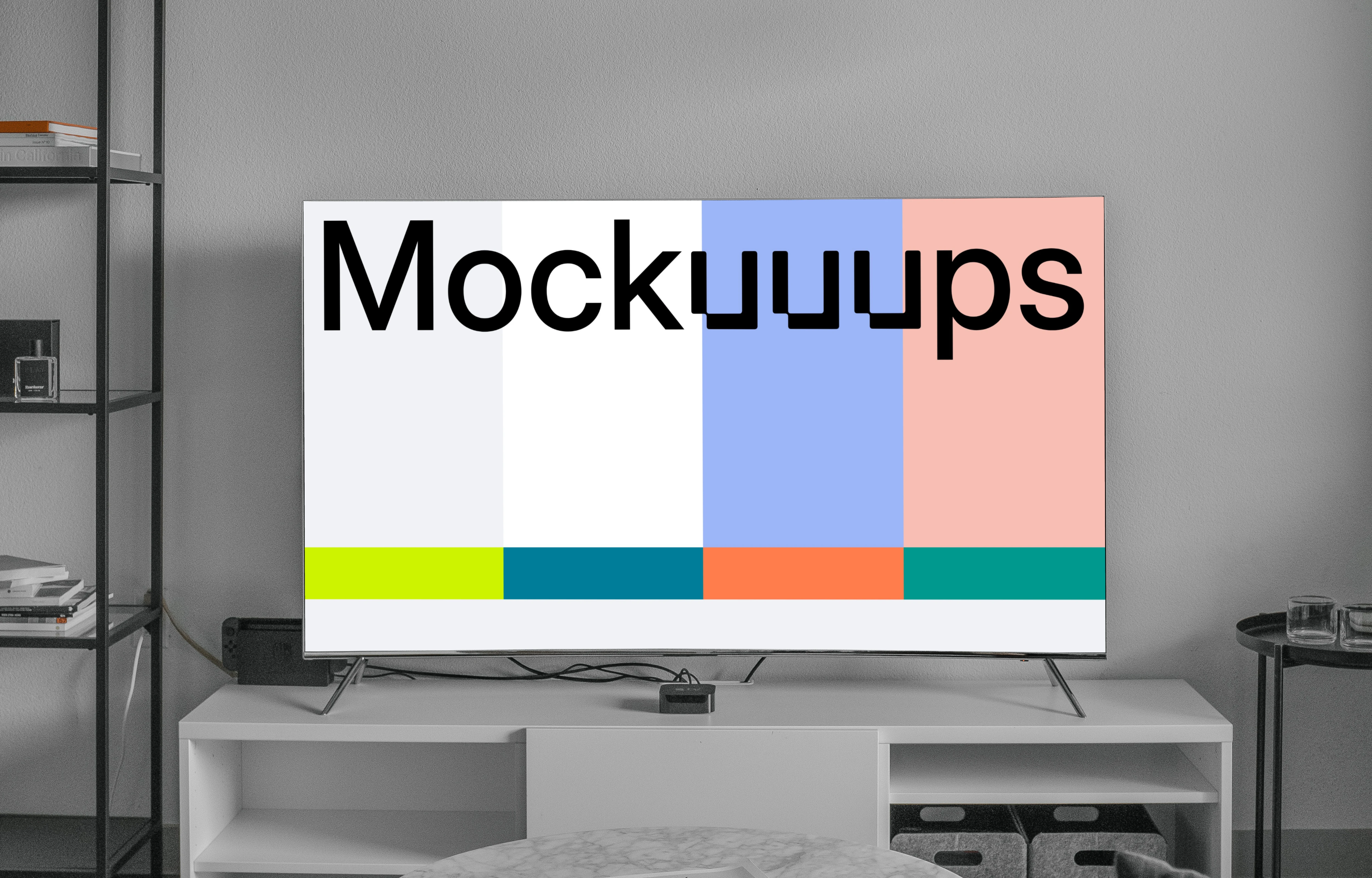 Television mockup on a white TV stand