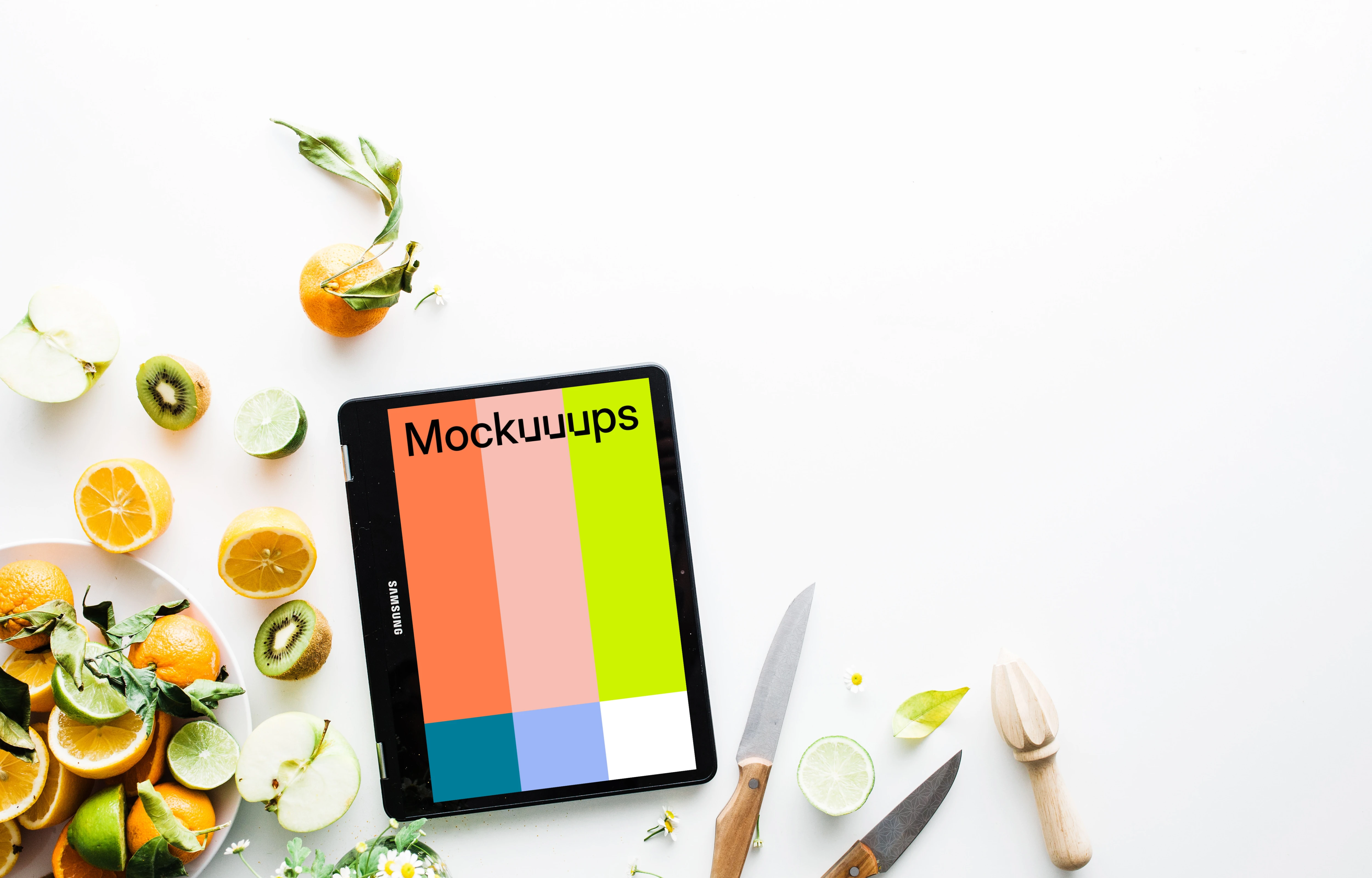 Top view mockup of Samsung Chromebook mockup on white table