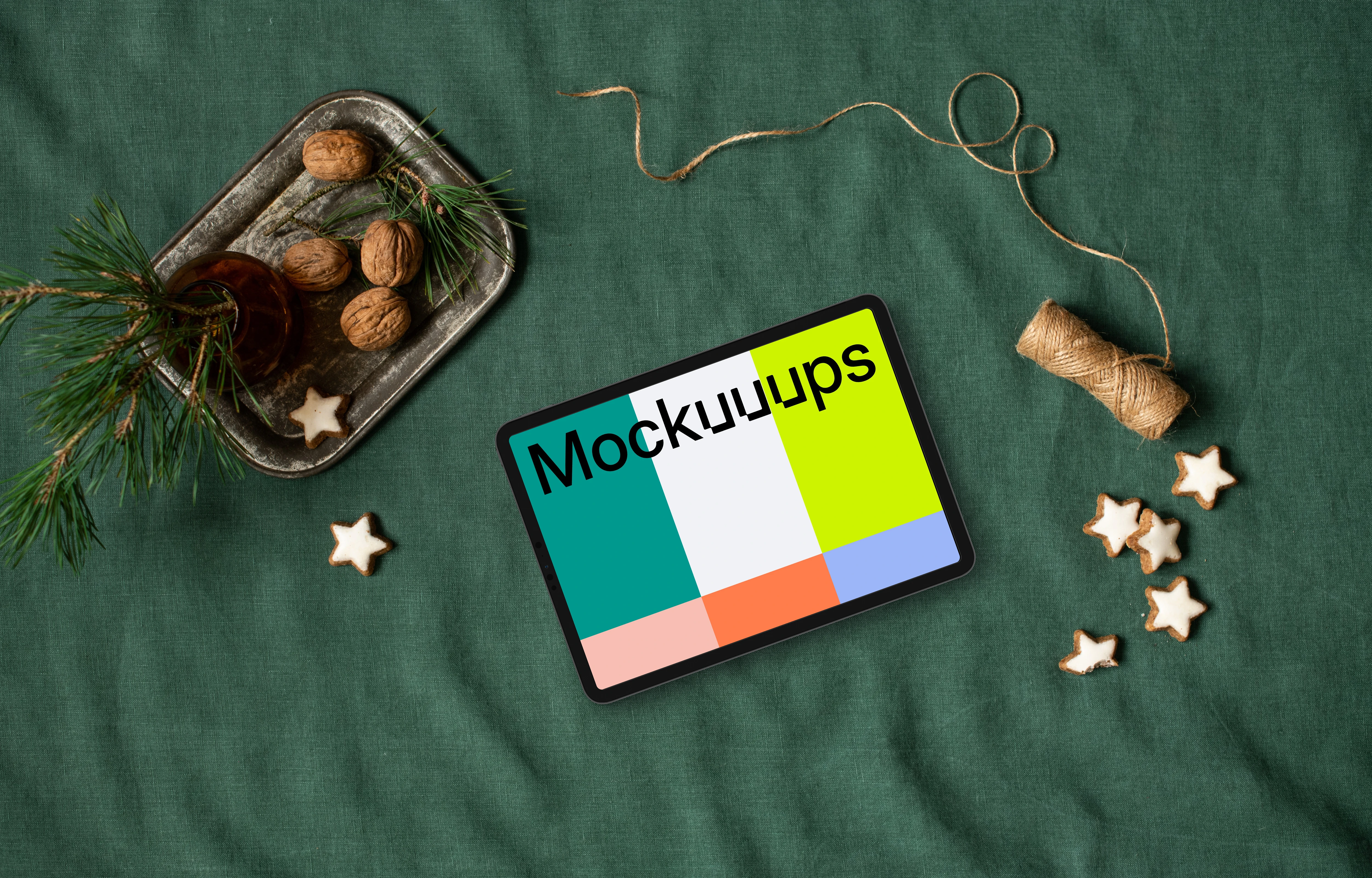 Top view of landscape tablet mockup with christmas design