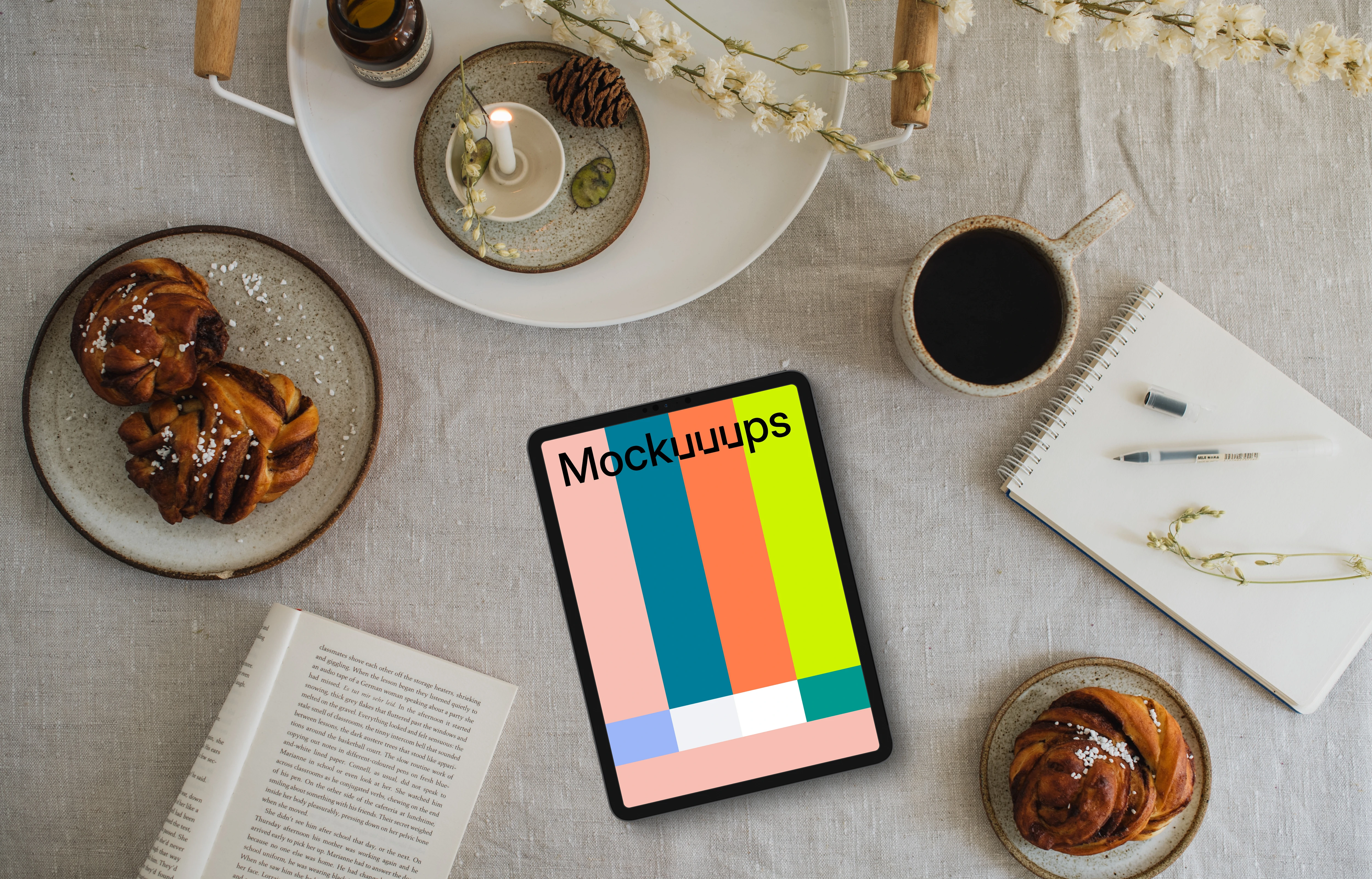 Top view of tablet mockup on the dinning table