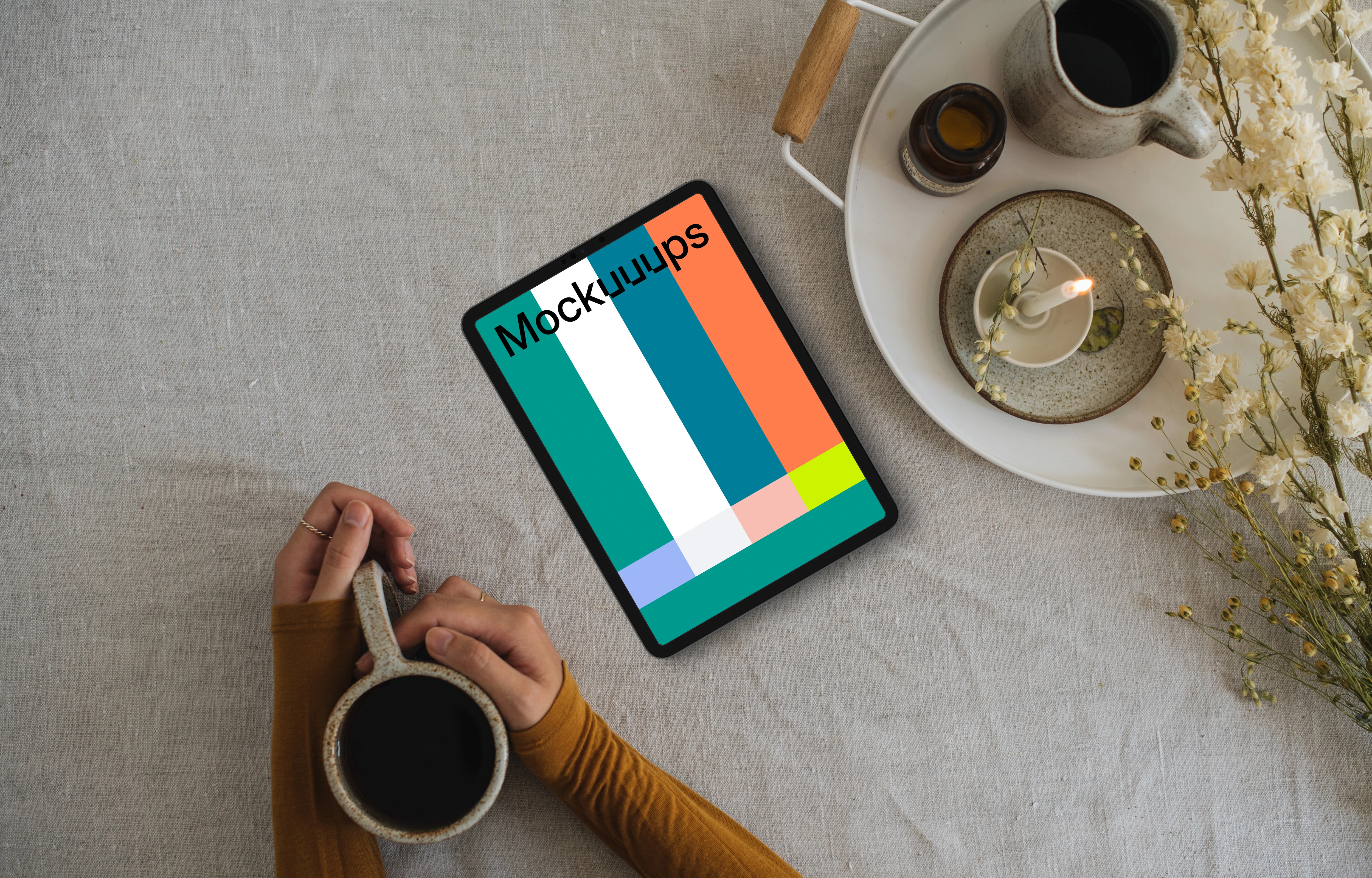 Top view of woman reading on tablet mockup