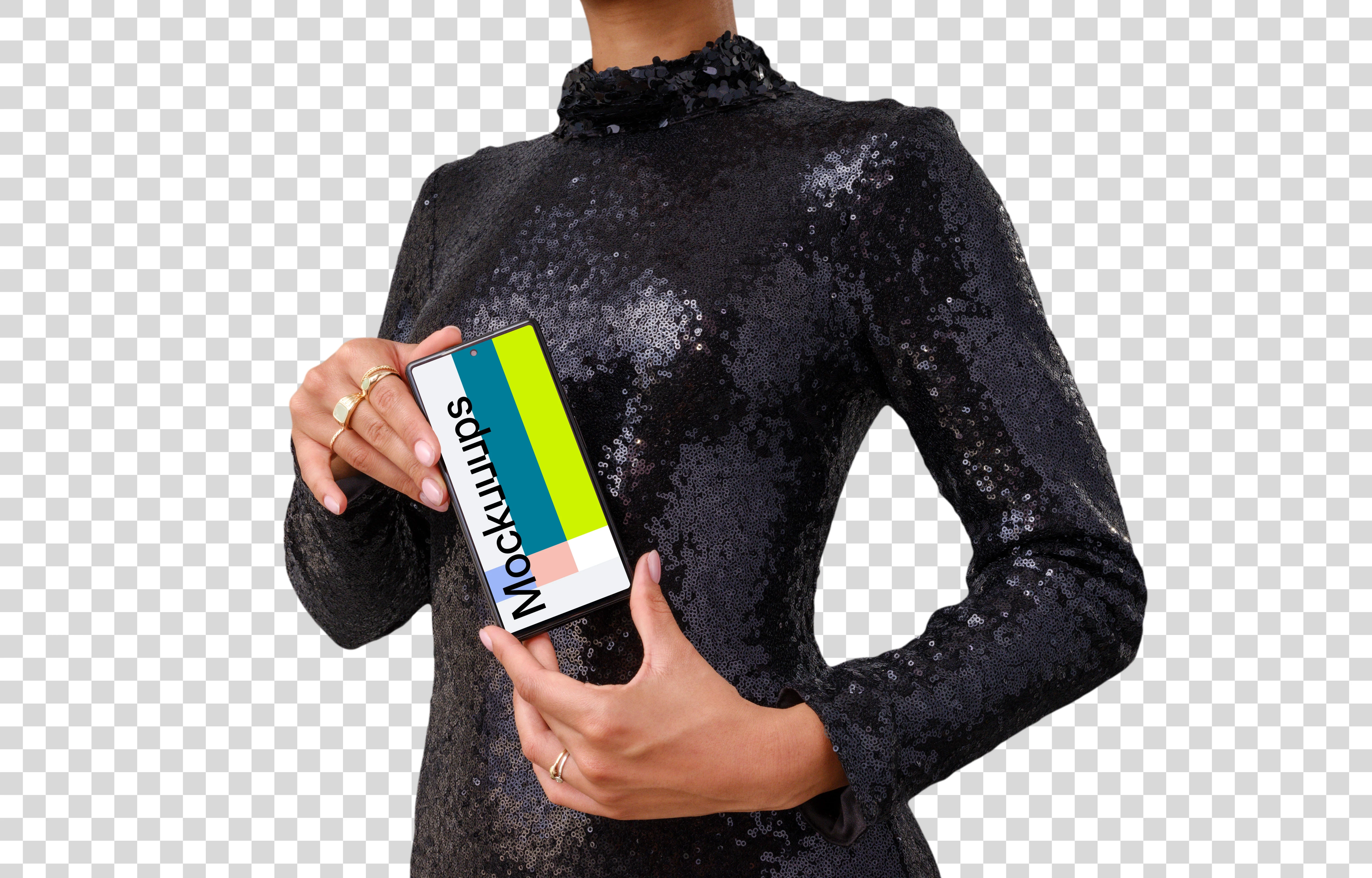 Extravagant woman showcases a Google Pixel mockup