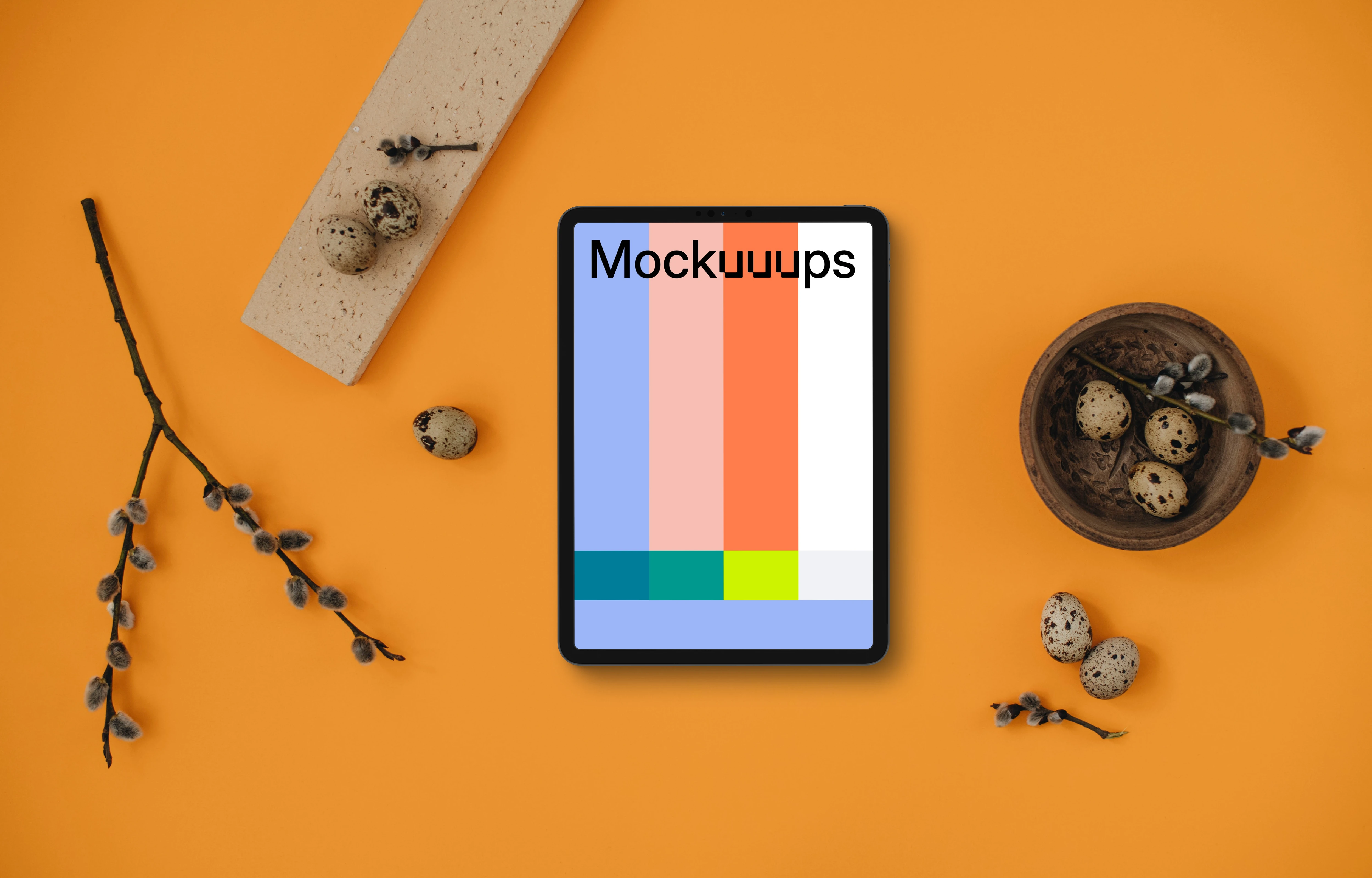 Easter tablet mockup with orange background and quail eggs