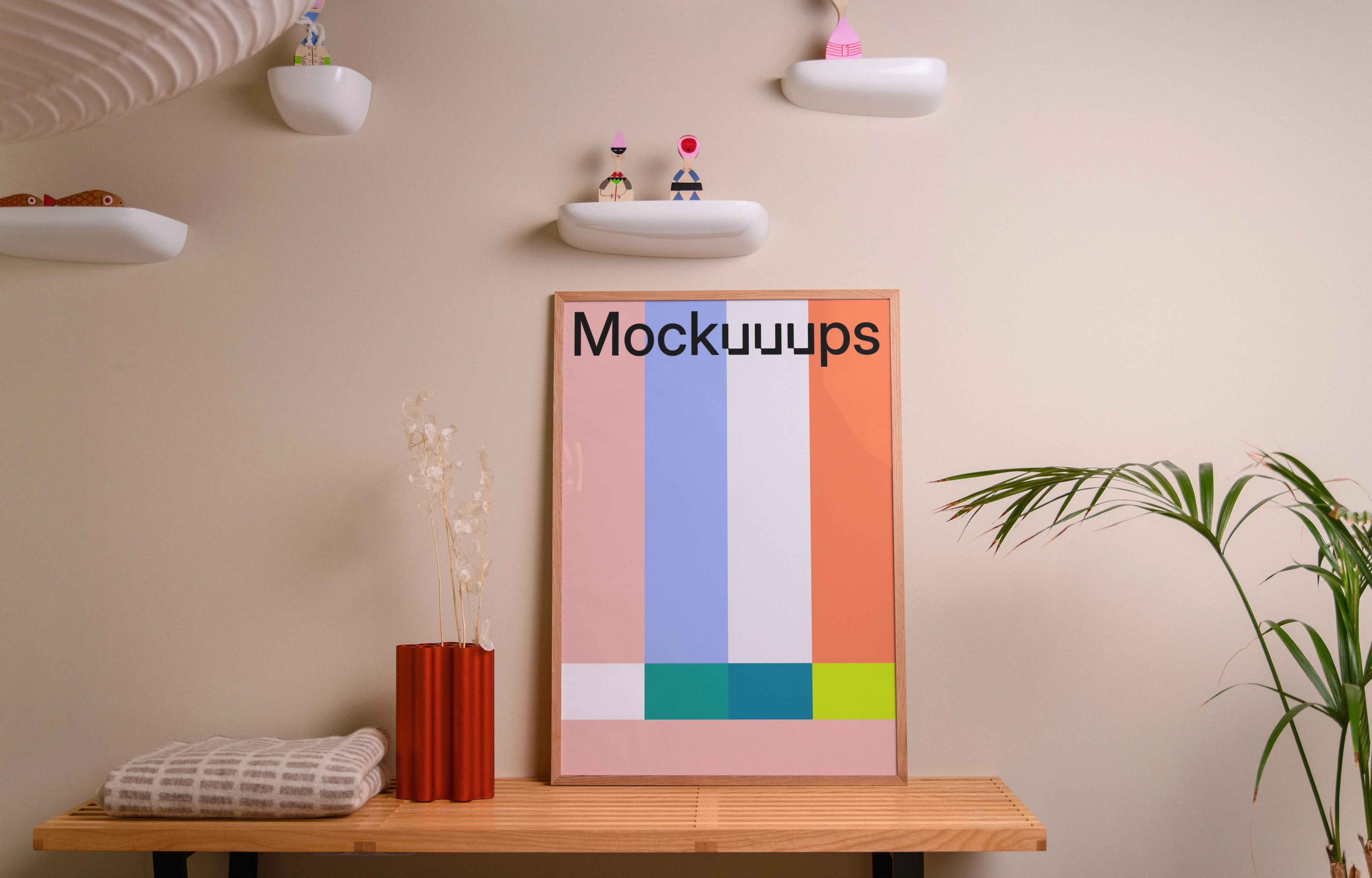 Vertical poster mockup on wooden console with decor