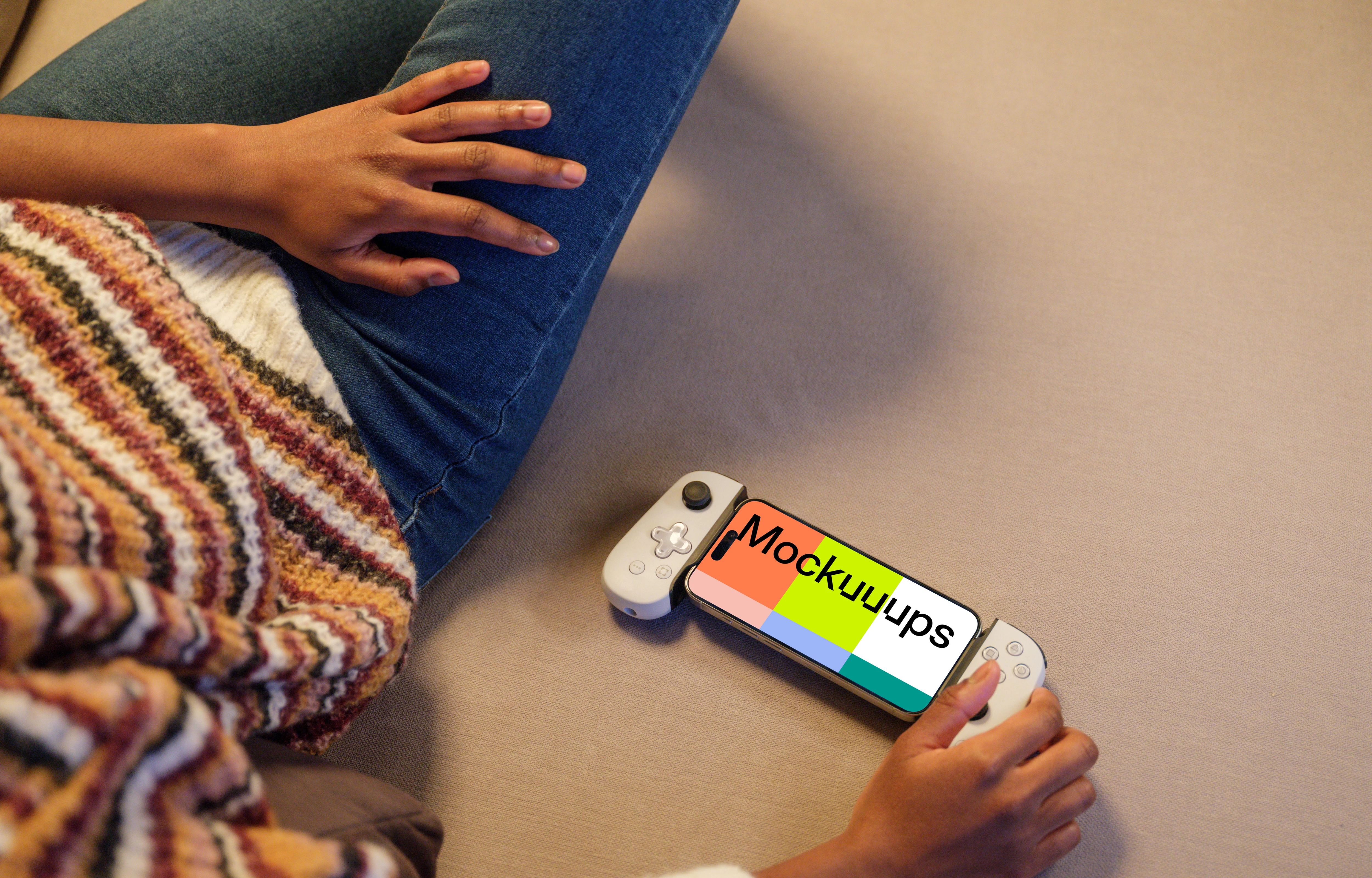 iPhone 15 Pro mockup in a casual gaming setup