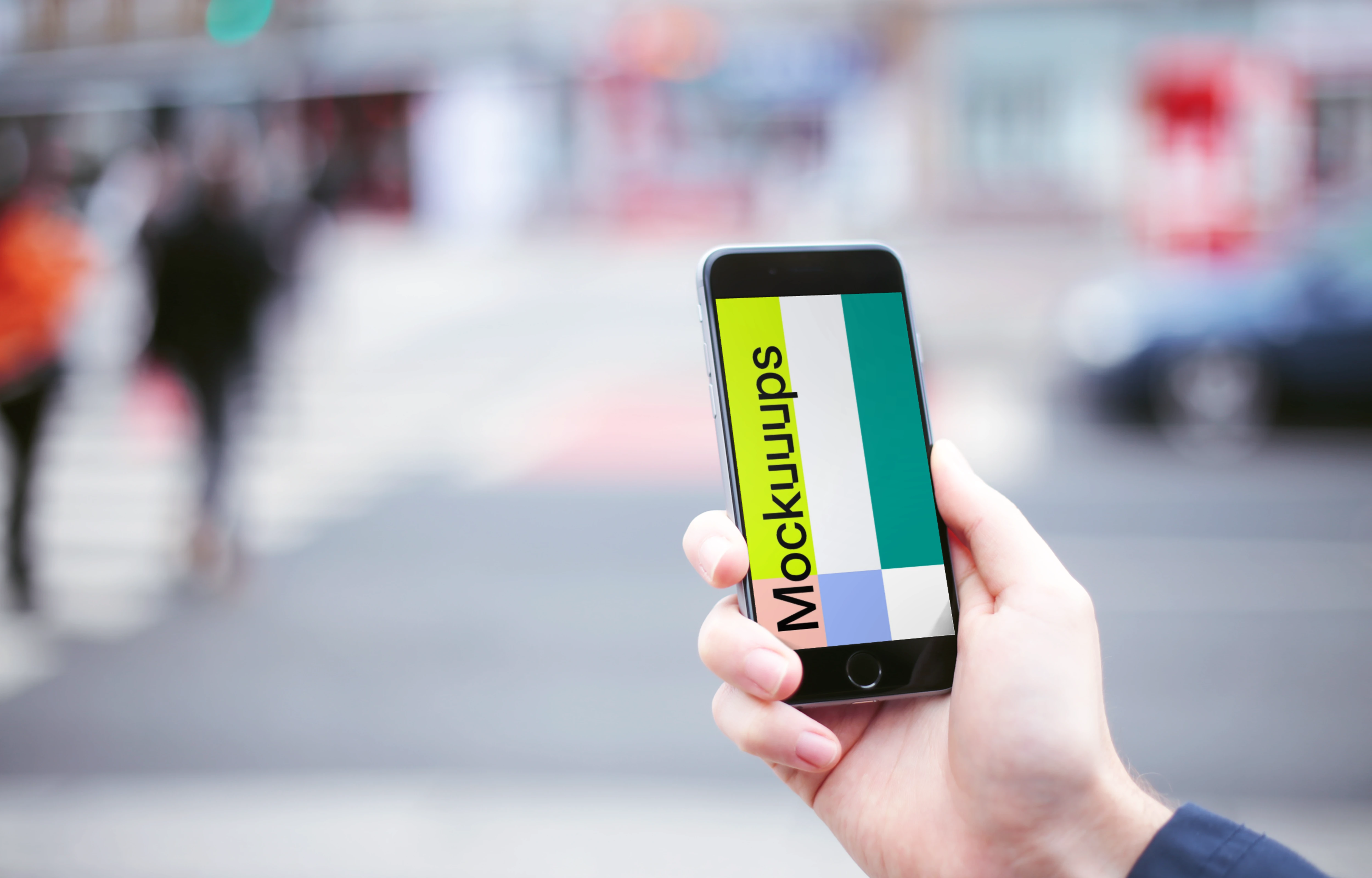 Walking with iPhone 6 mockup on crosswalk