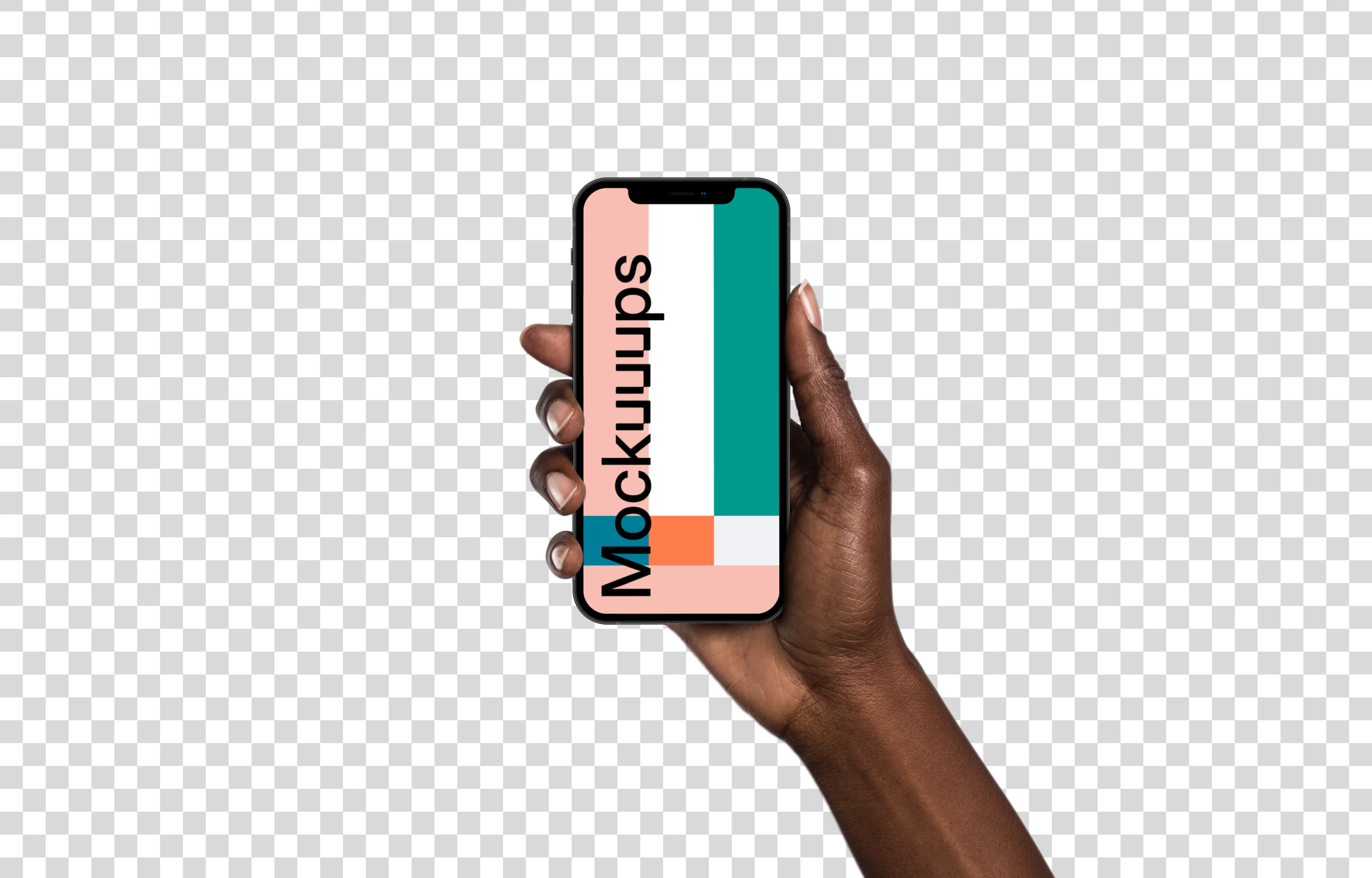 Woman hand holding iPhone 12 mockup (Black skin)