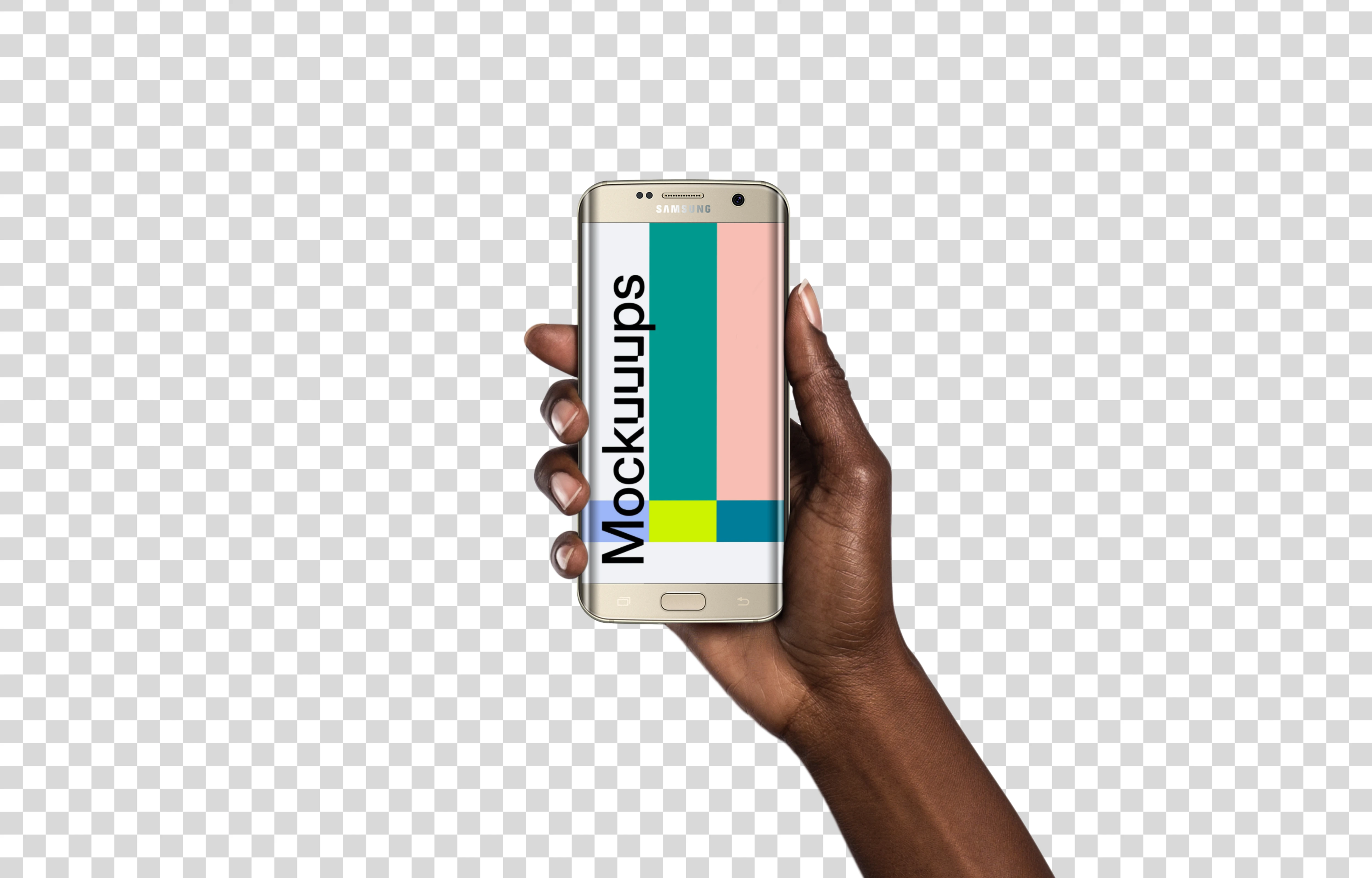 Woman holding Samsung Galaxy S7 Gold Mockup (Black skin)