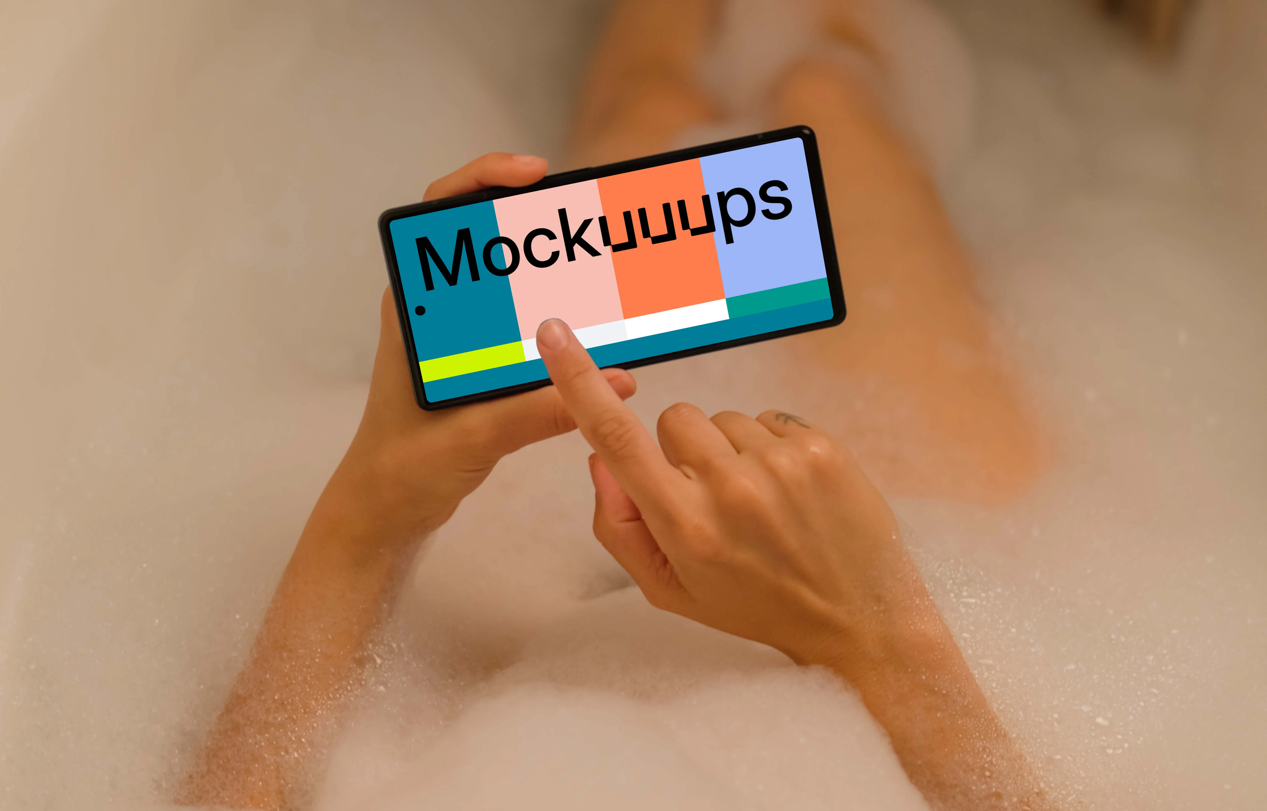 Woman in bath typing on a Google Pixel 6 mockup
