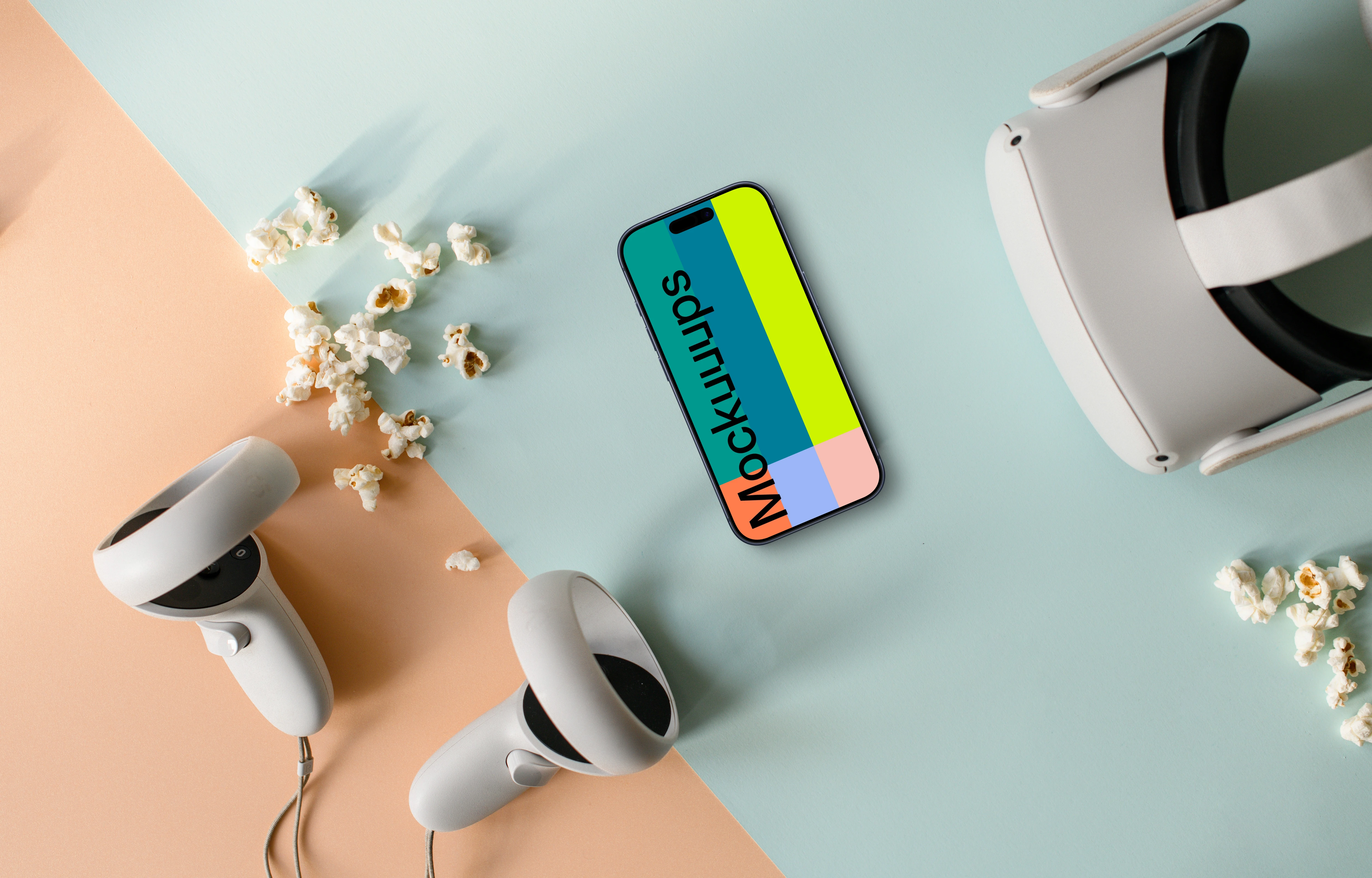 Smartphone mockup with VR headset and controllers on dual-tone background