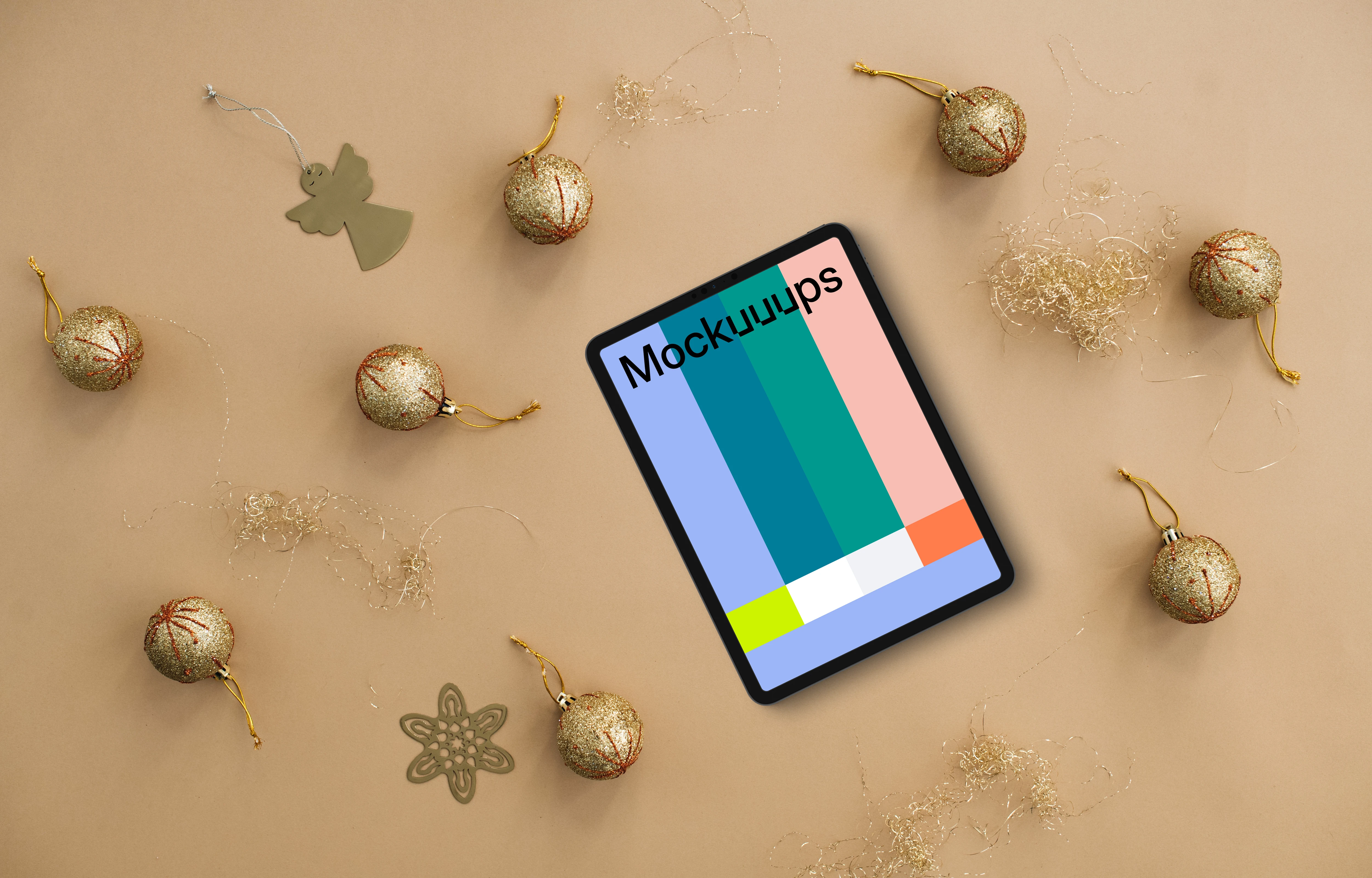 Xmas tablet mockup on beige background