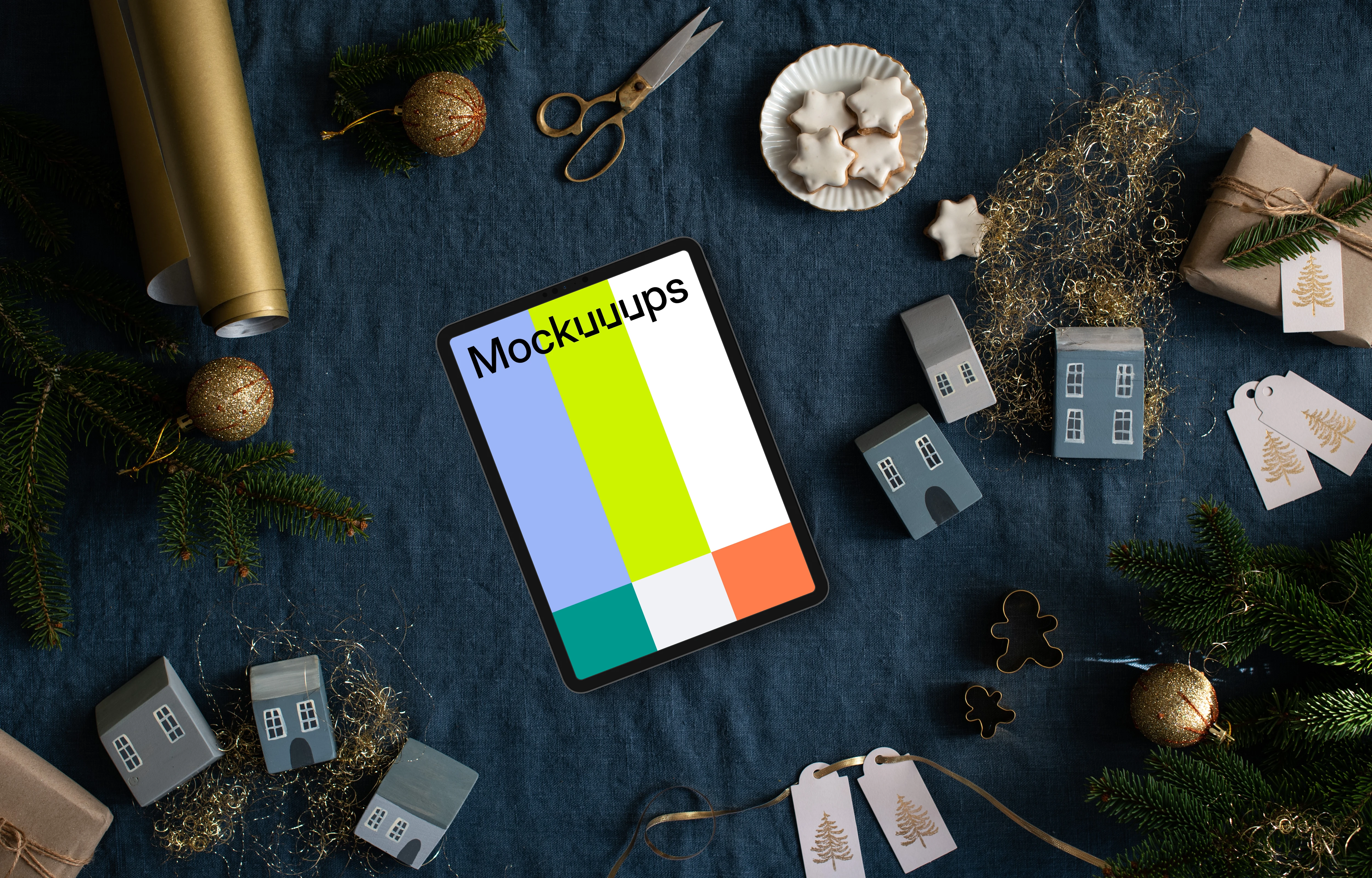 Xmas tablet mockup with a decoration around