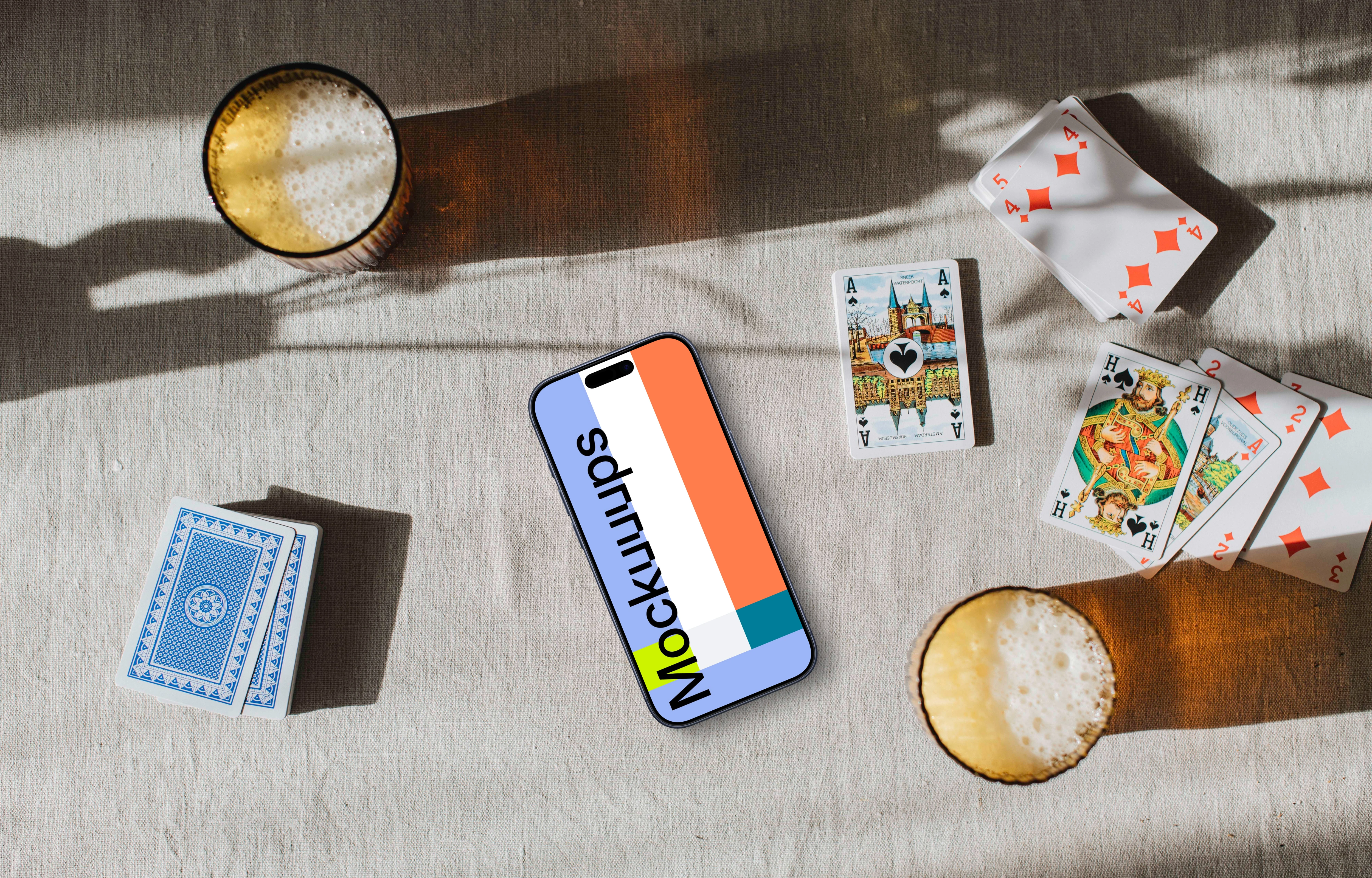 iPhone mockup surrounded by card game