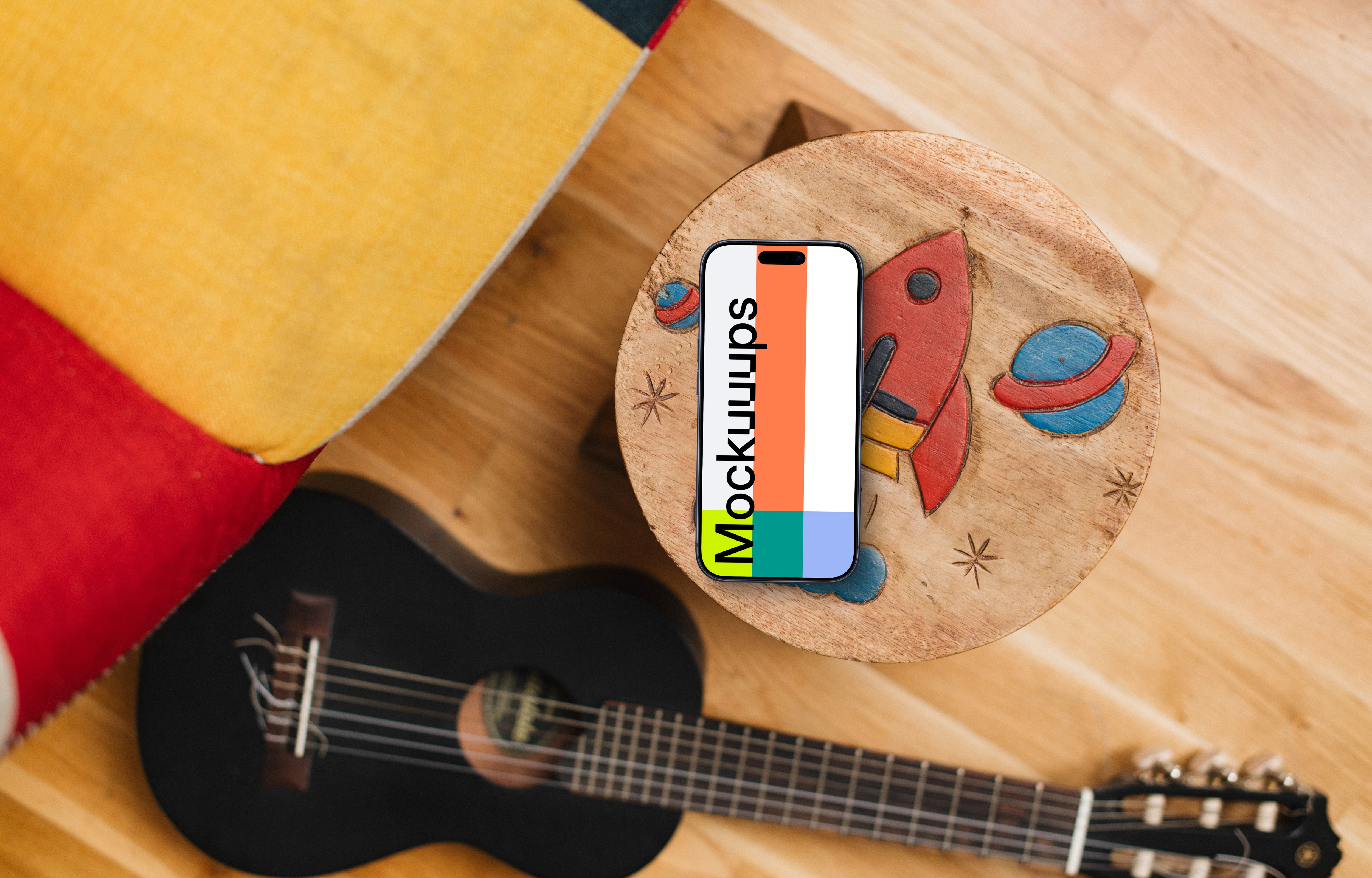 Youthful smartphone mockup with artistic wooden decor