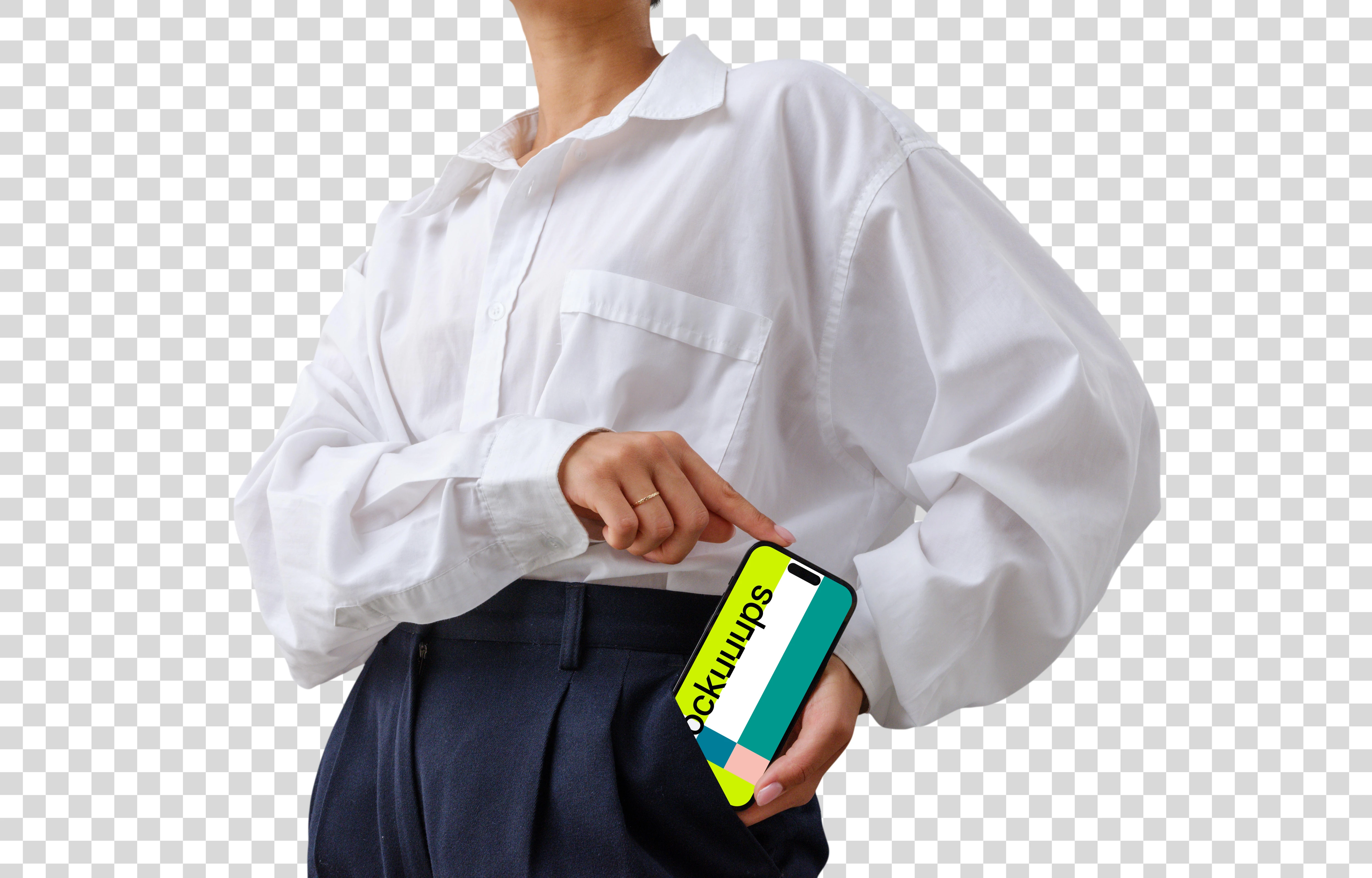 Businesswoman with an iPhone mockup in her pocket