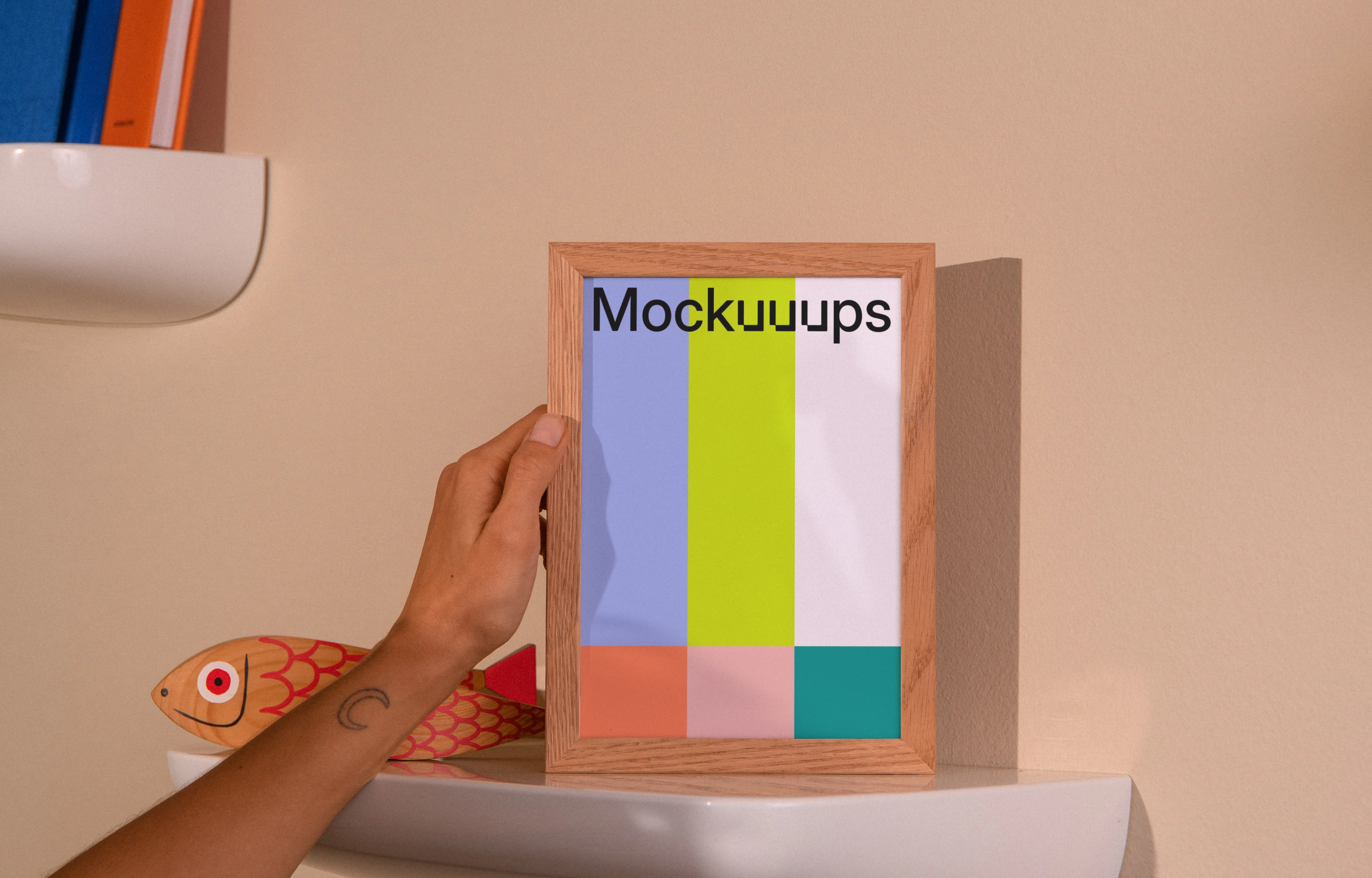 A5 frame mockup on a minimalist wall shelf
