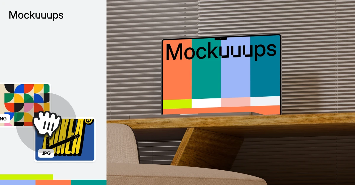 MacBook Pro mockup on a wooden desk near blinds - Mockuuups Studio