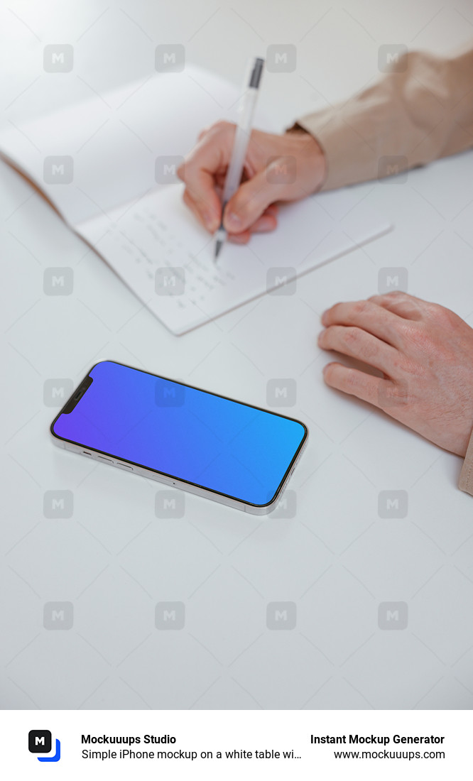 Simple iPhone mockup on a white table with a user writing by the side