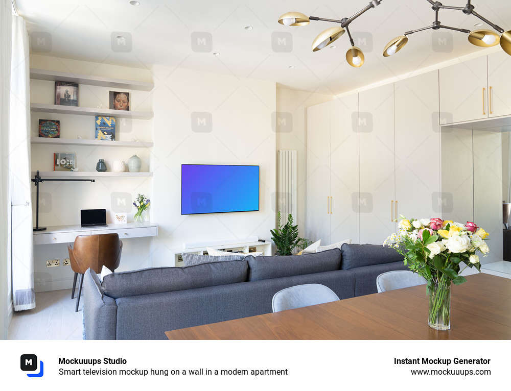 Smart television mockup hung on a wall in a modern apartment