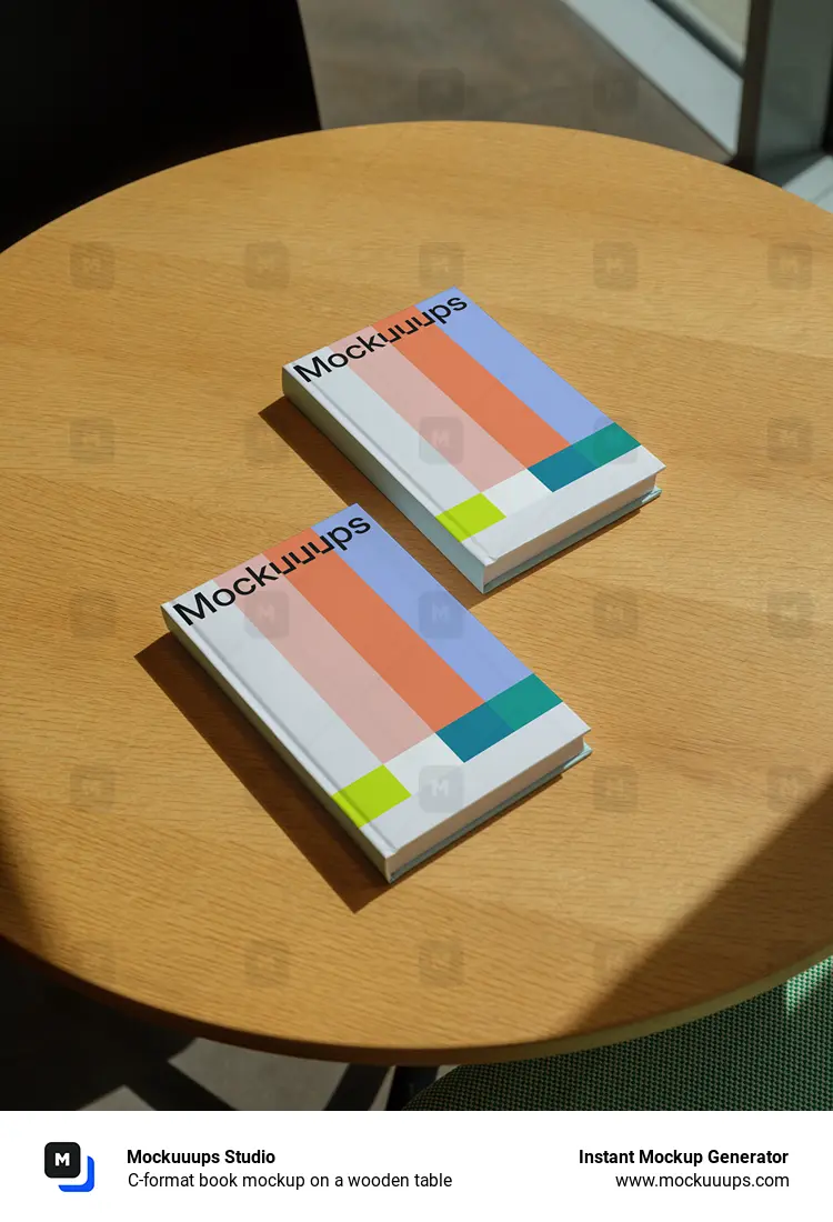 C-format book mockup on a wooden table