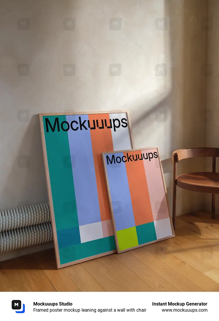 Framed poster mockup leaning against a wall with chair
