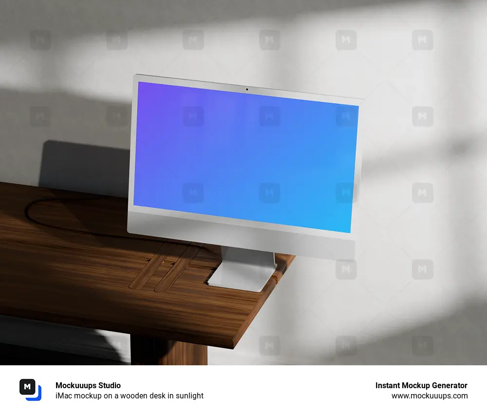 iMac mockup on a wooden desk in sunlight