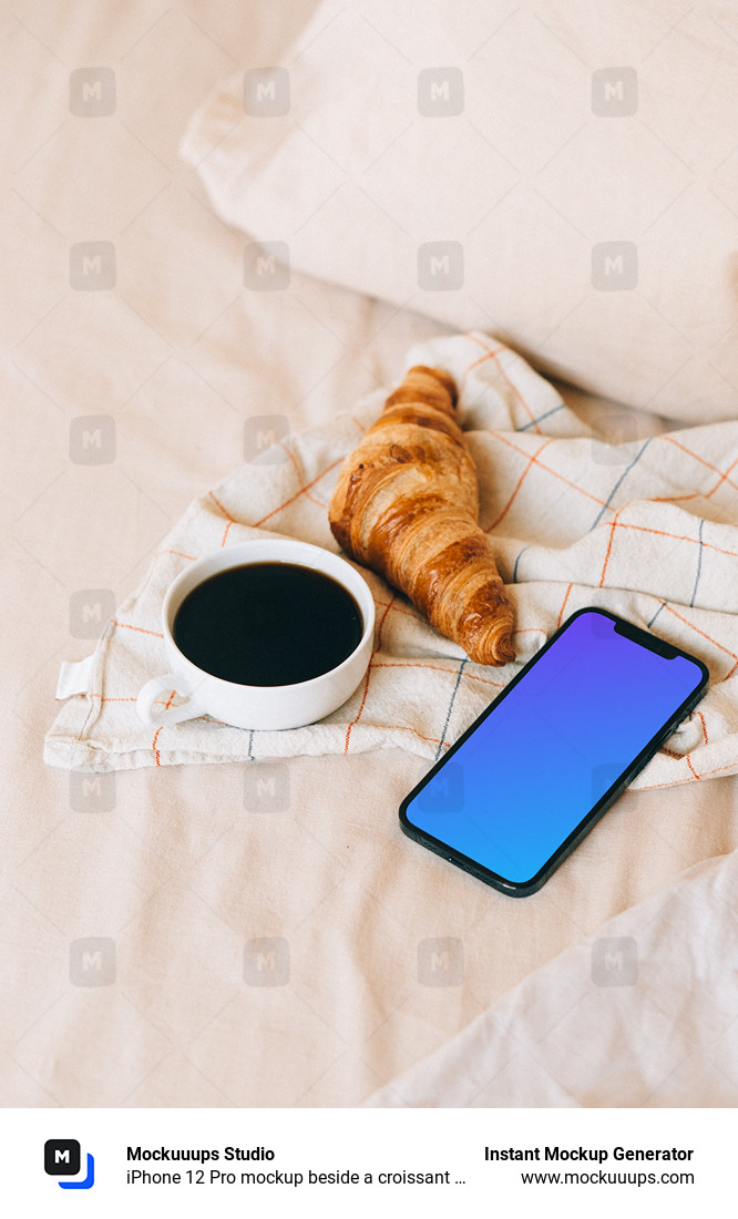 iPhone 12 Pro mockup beside a croissant and a cup of coffee