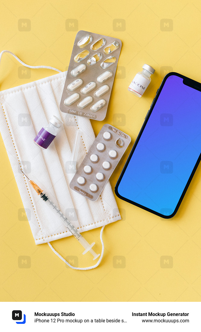 iPhone 12 Pro mockup on a table beside some medicines