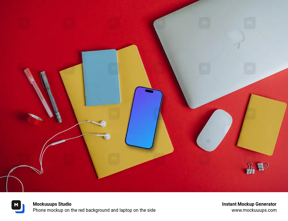 Phone mockup on the red background and laptop on the side