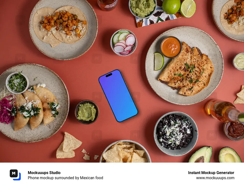 Phone mockup surrounded by Mexican food