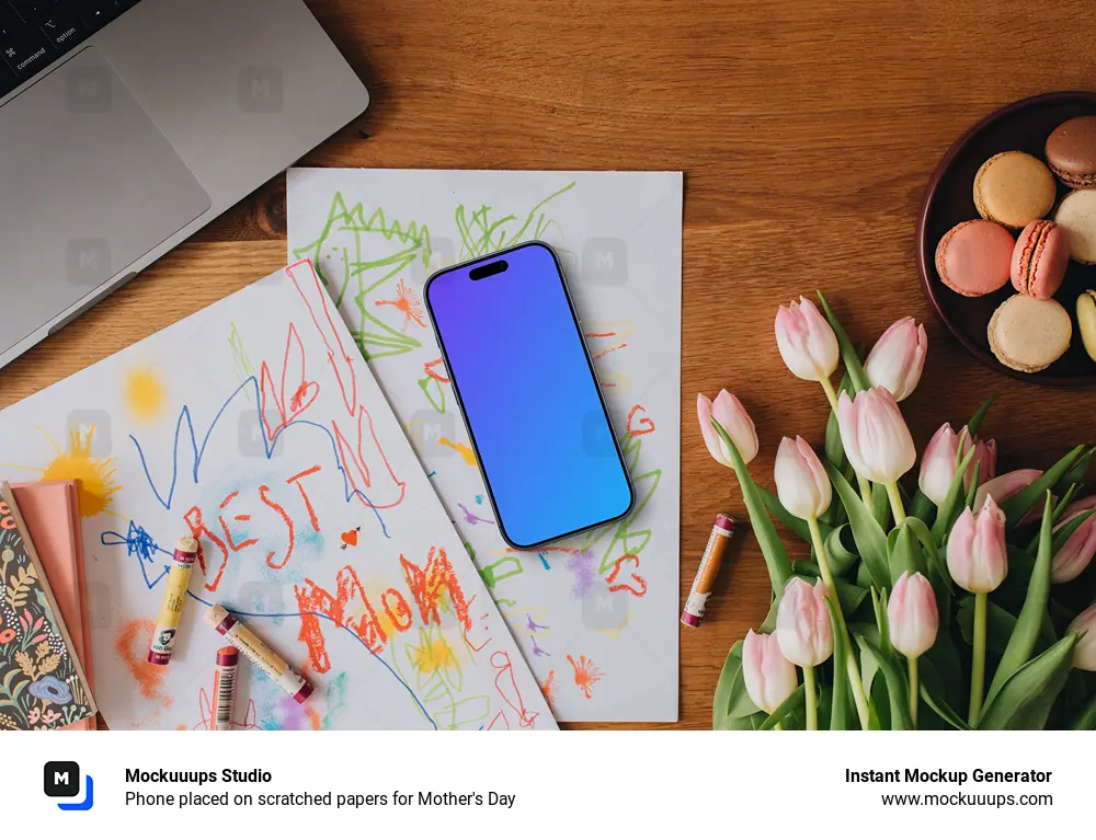 Phone placed on scratched papers for Mother's Day
