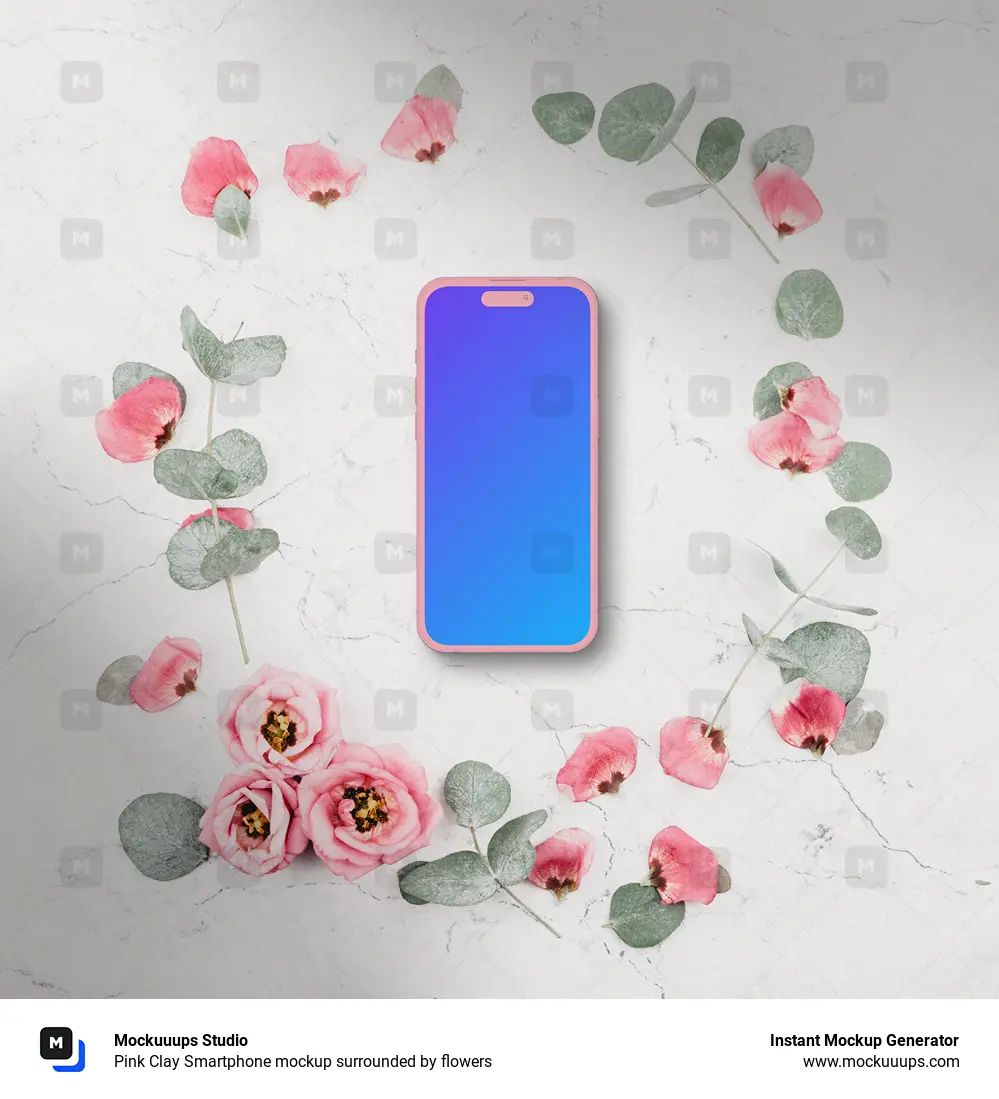 Pink Clay Smartphone mockup surrounded by flowers