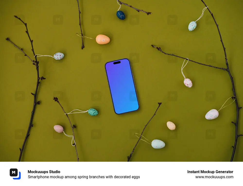 Smartphone mockup among spring branches with decorated eggs