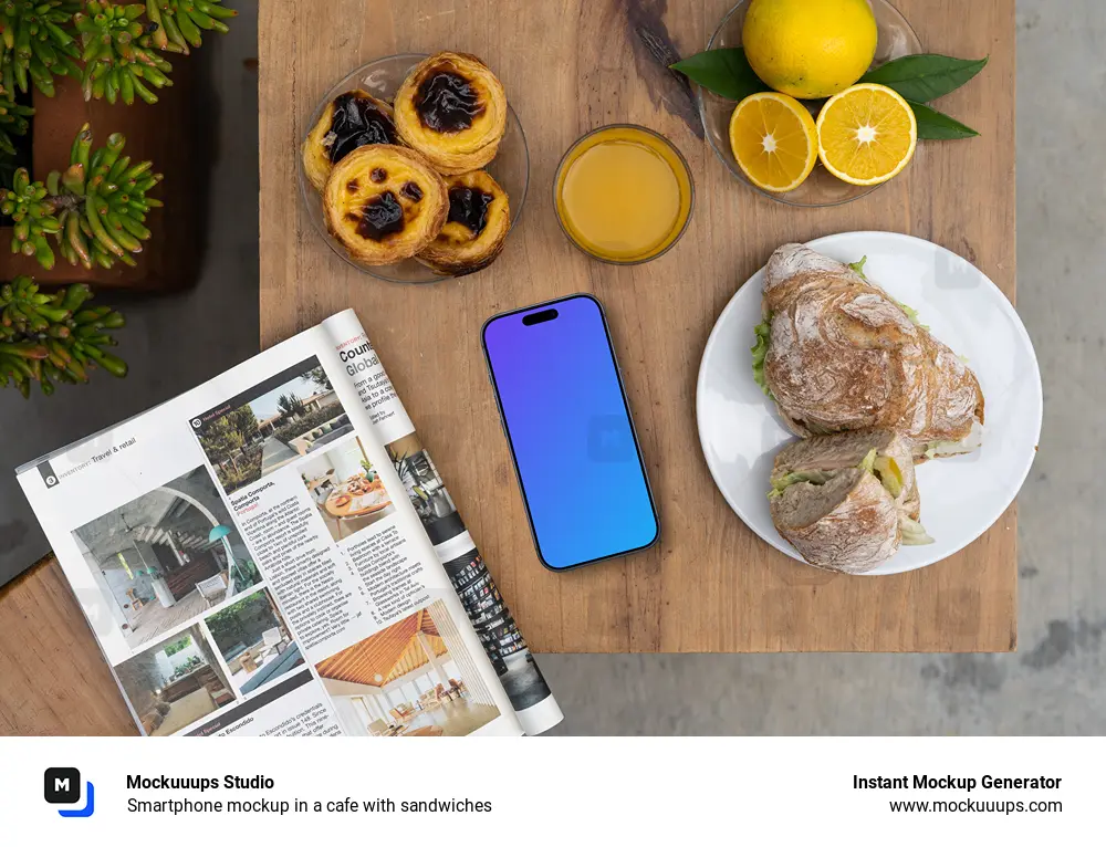 Smartphone mockup in a cafe with sandwiches